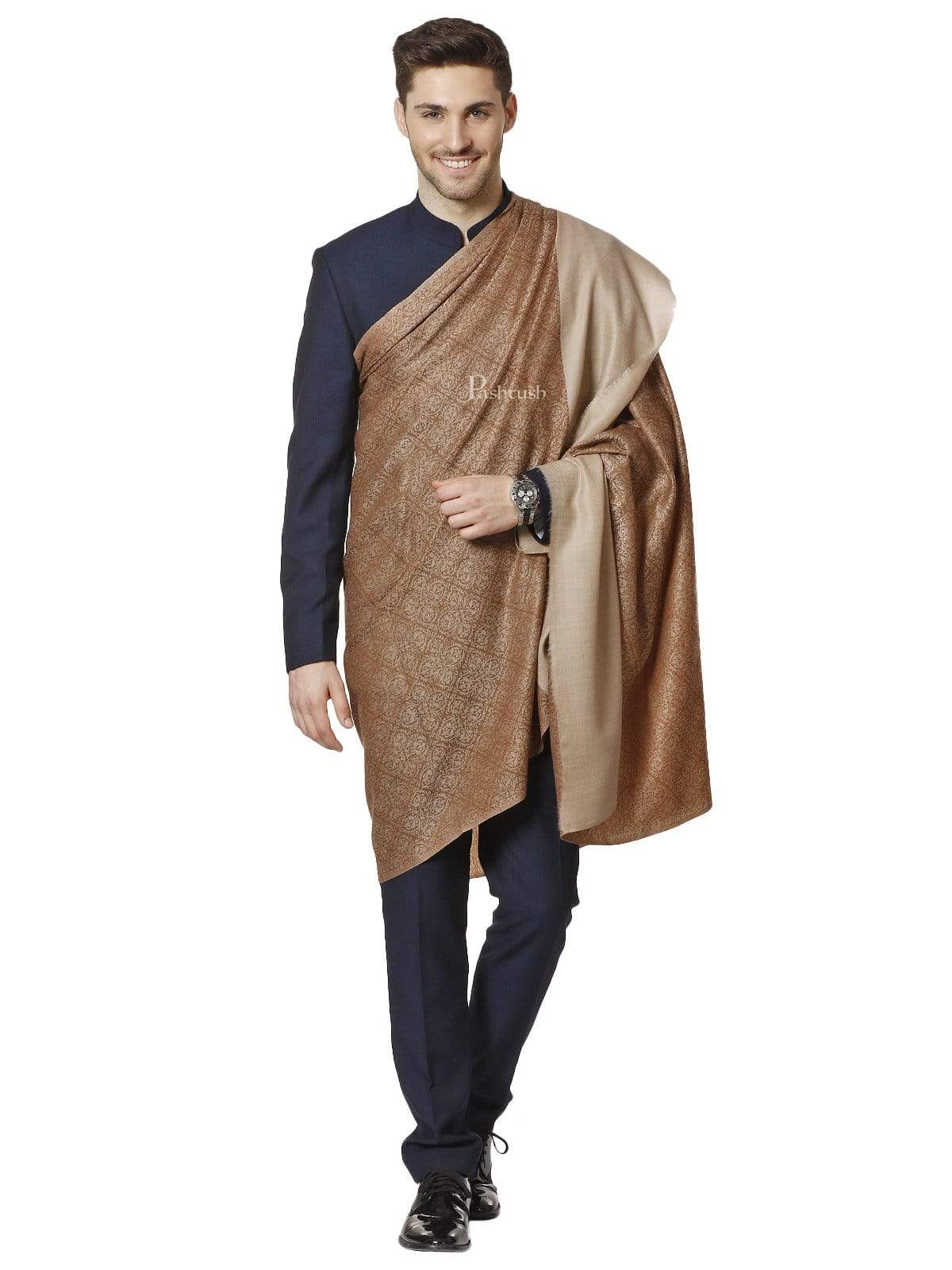 Pashtush Mens Woven Jacquard Shawl, Ultra-Light Weight - Fine Wool