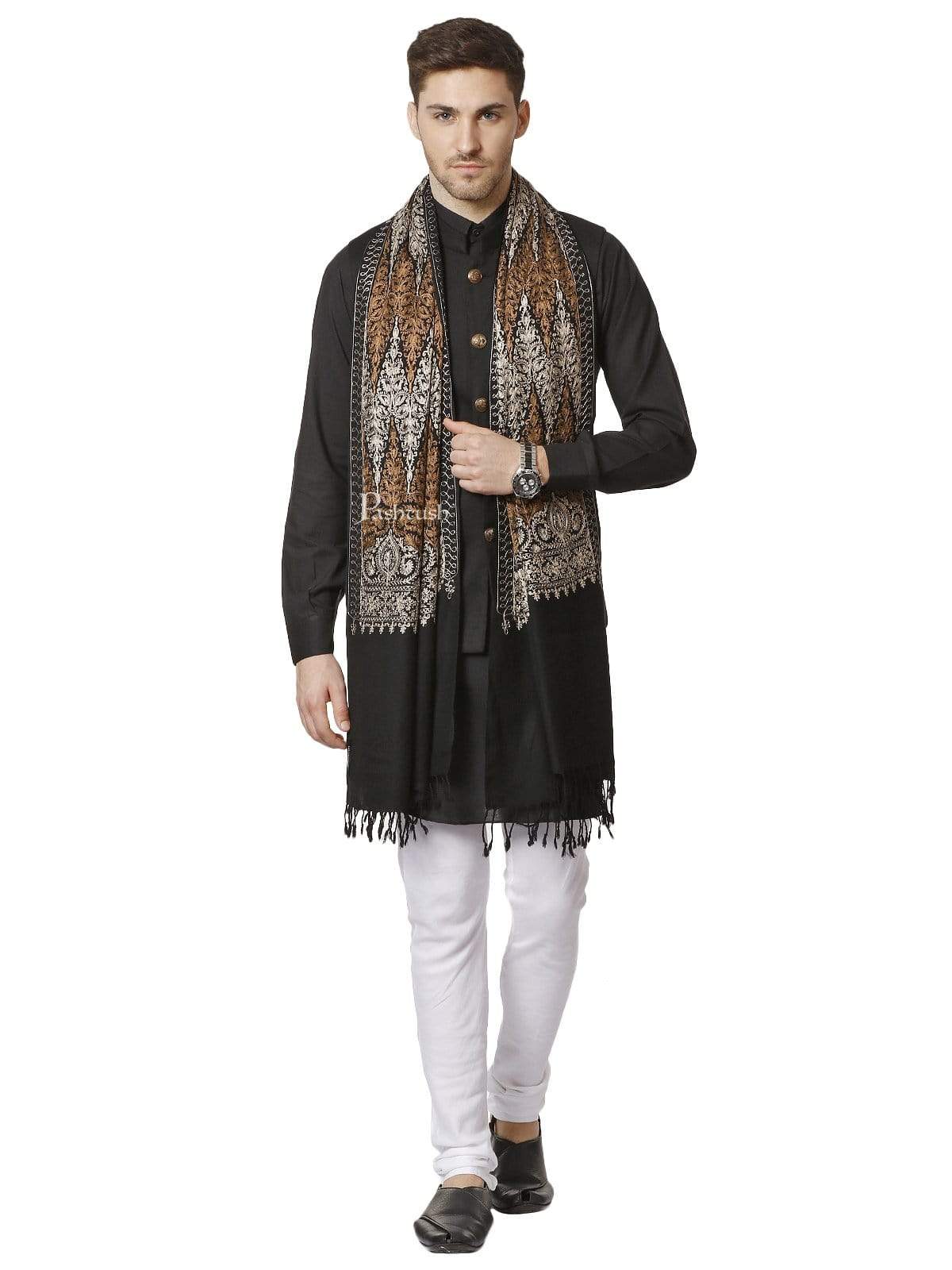 Pashtush Mens Fine Embroidery Stole, Black