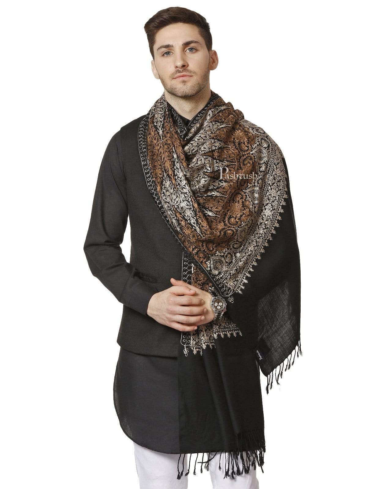 Pashtush Mens Fine Embroidery Stole, Black - Image 3