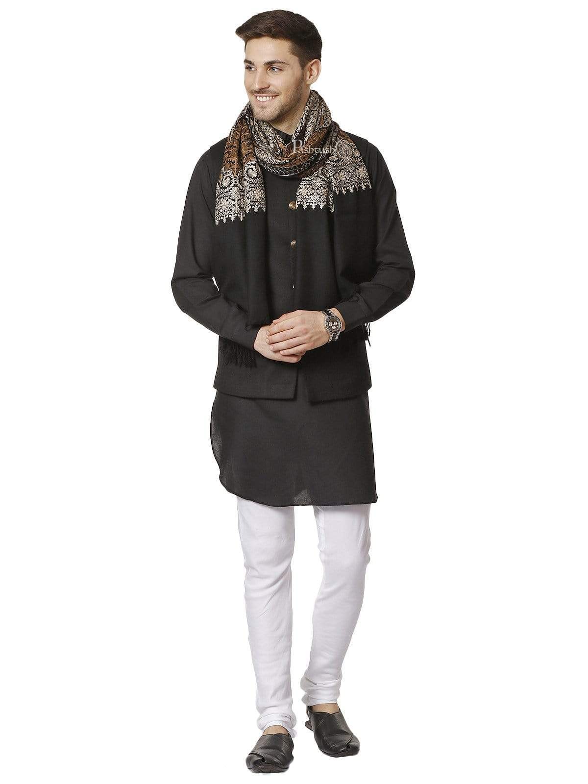 Pashtush Mens Fine Embroidery Stole, Black - Image 4