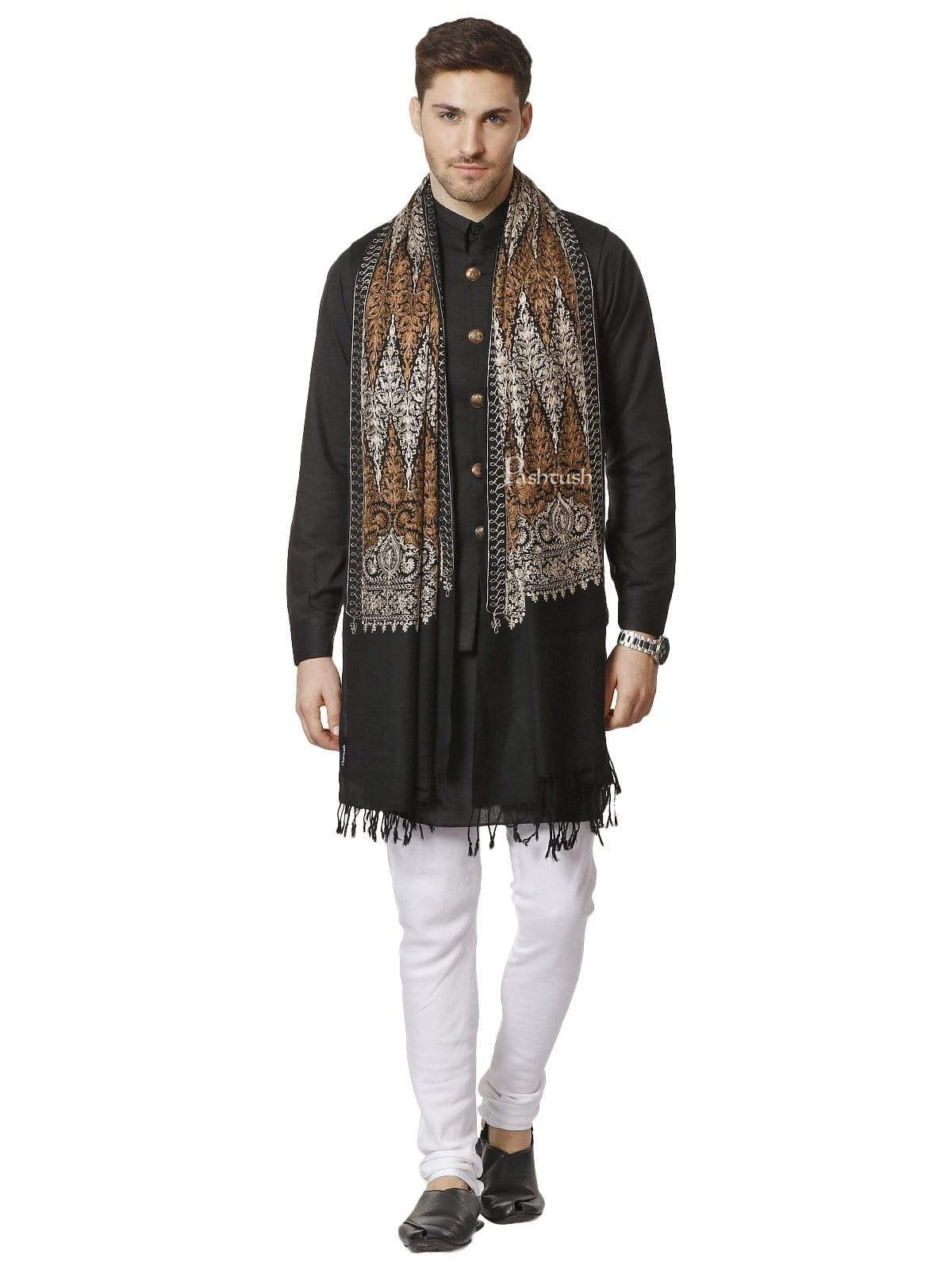Pashtush Mens Fine Embroidery Stole, Black - Image 5