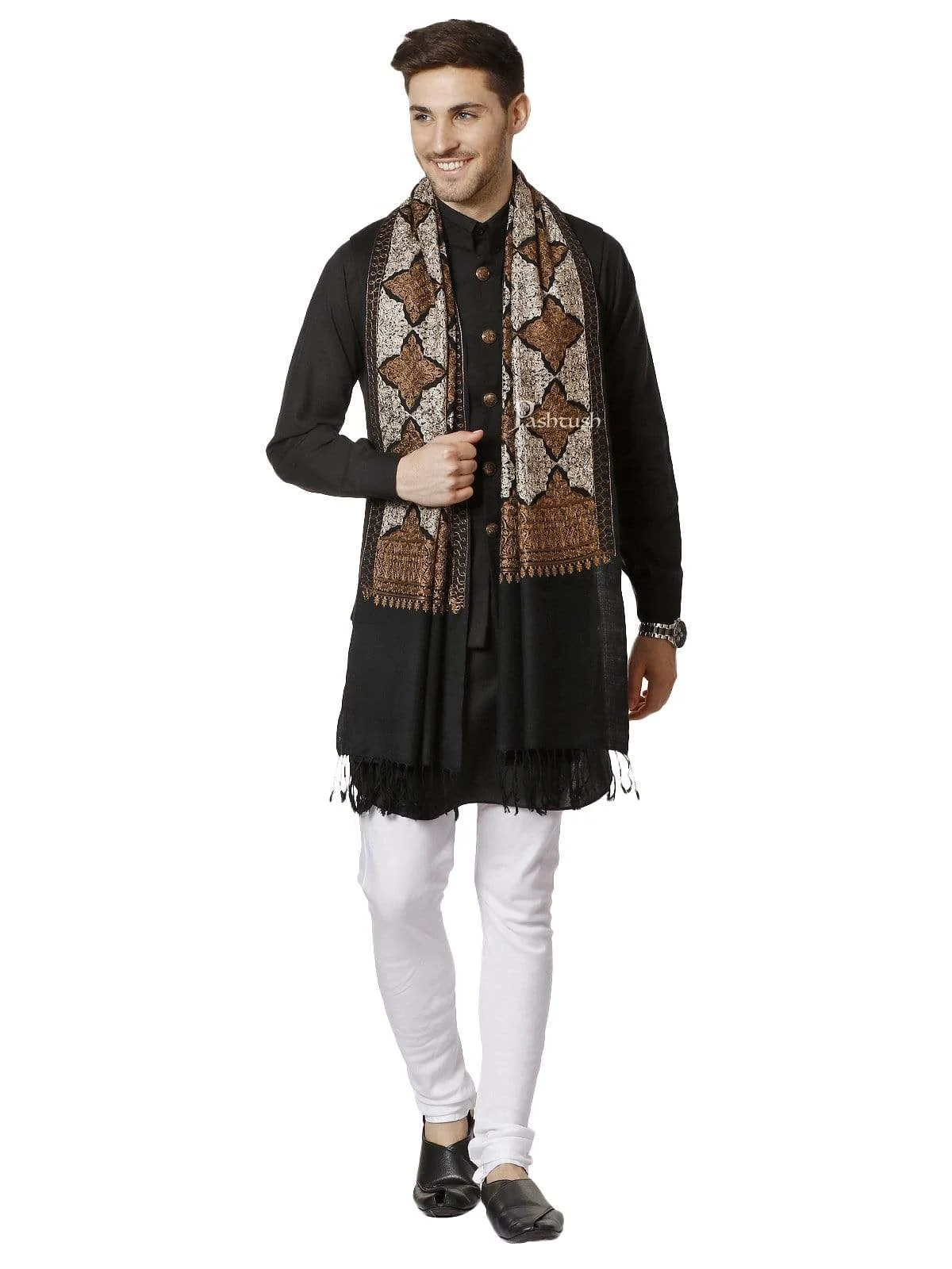 Pashtush Mens Fine Embroidery Stole, Black