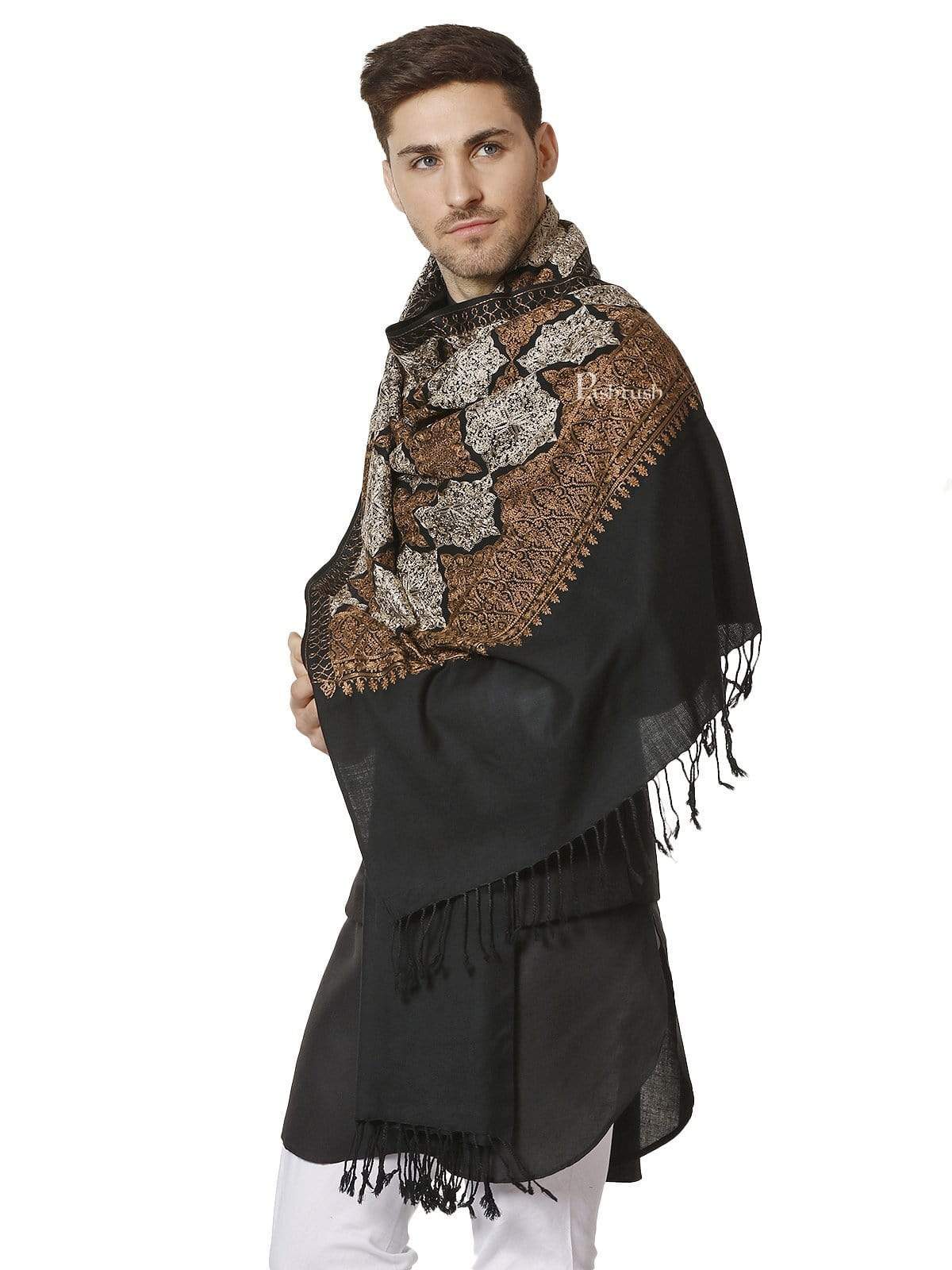 Pashtush Mens Fine Embroidery Stole, Black - Image 3