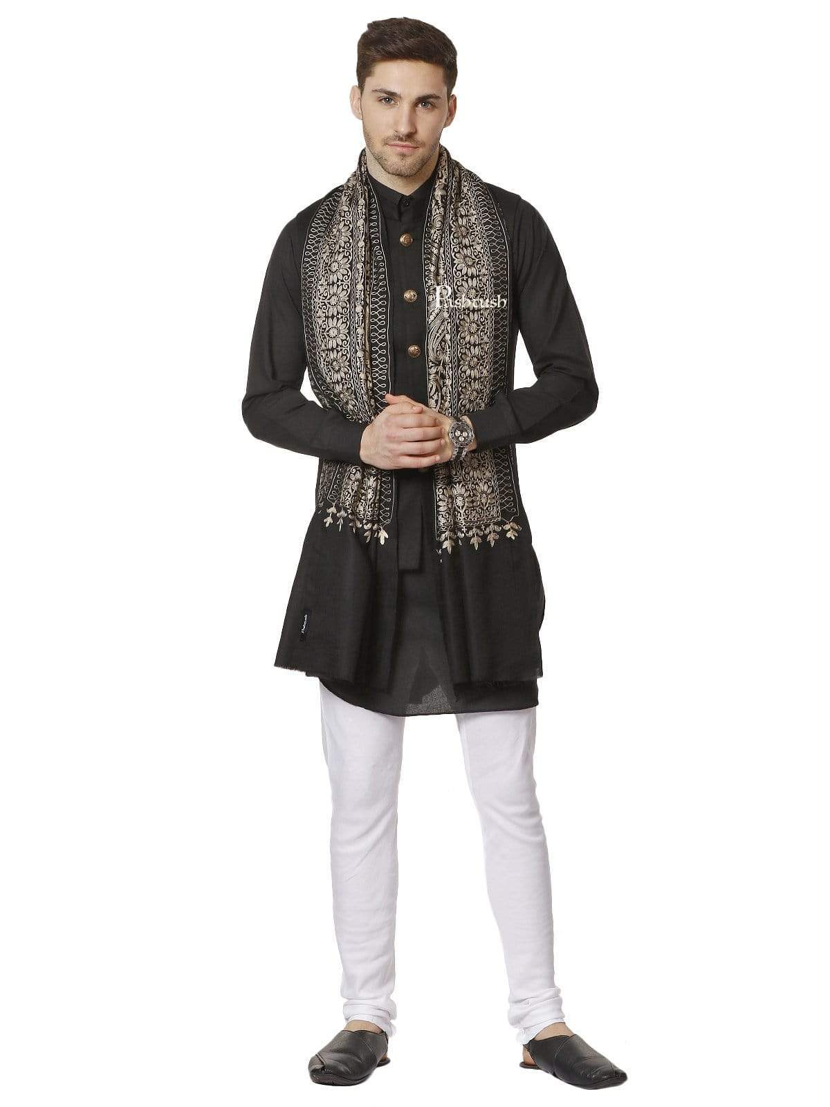 Pashtush Mens Silk-Wool Fine Wool, Nalki Embroidery Needlework Stole