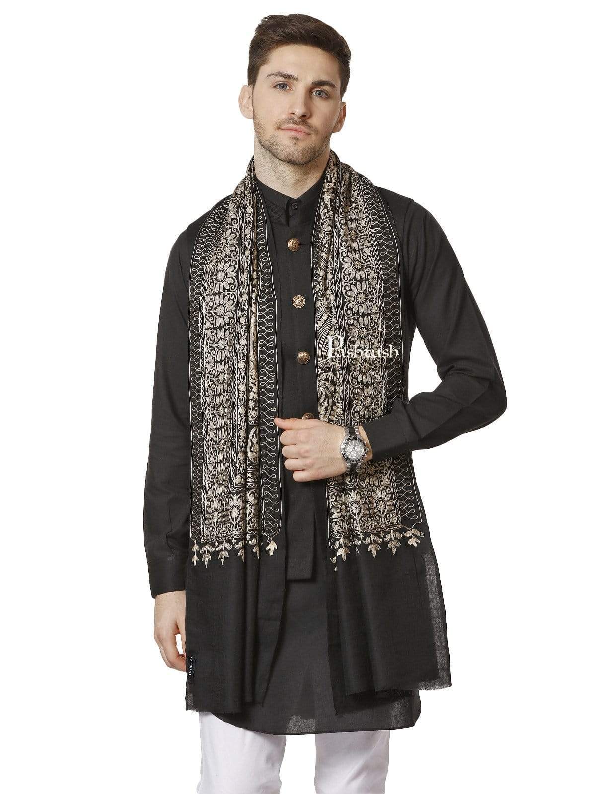 Pashtush Mens Silk-Wool Fine Wool, Nalki Embroidery Needlework Stole - Image 3
