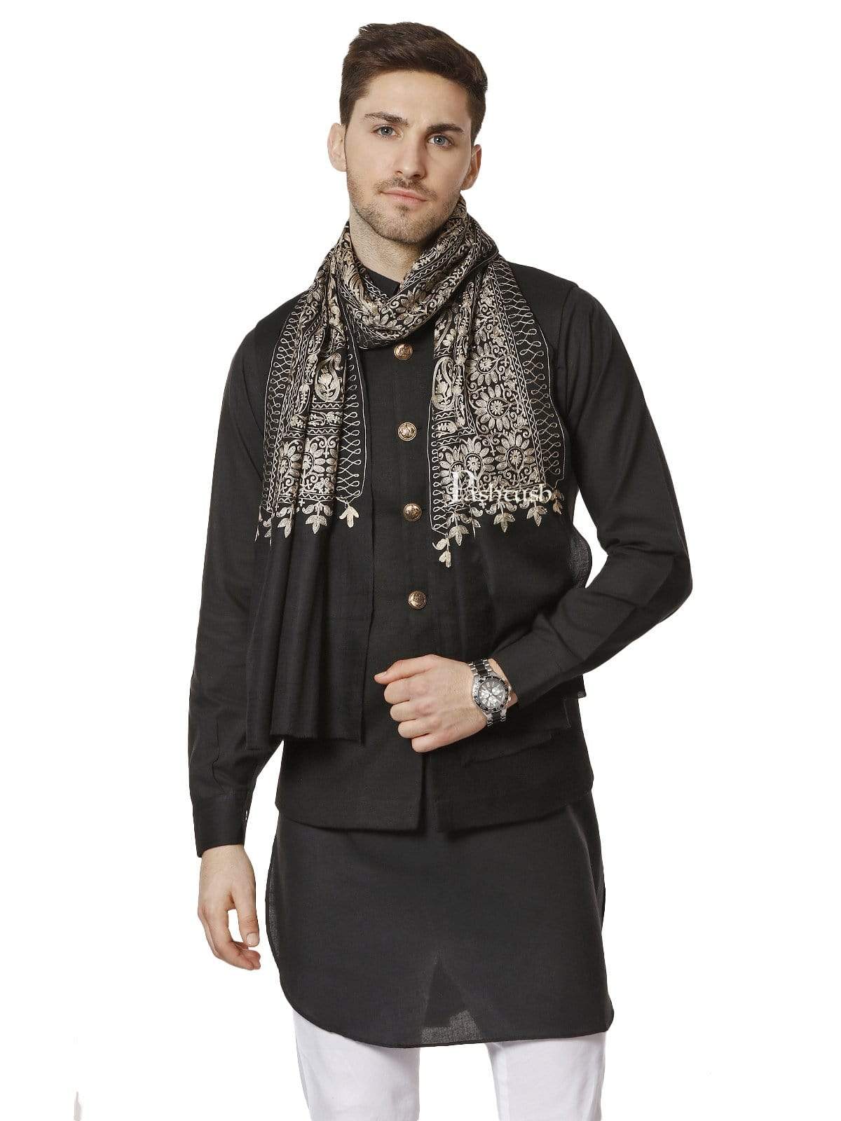 Pashtush Mens Silk-Wool Fine Wool, Nalki Embroidery Needlework Stole - Image 5