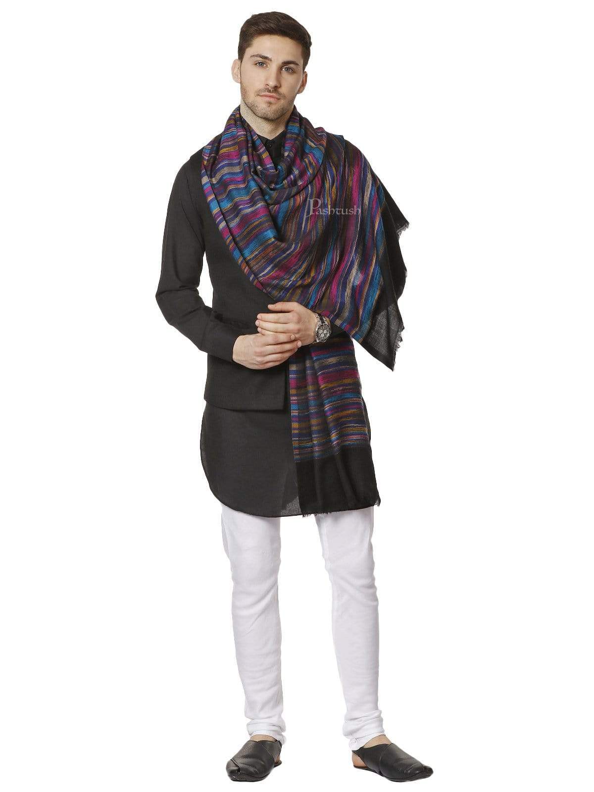 Pashtush Mens Pure Wool Multicolour Striped Stole, With Woolmark Certificate - Image 2