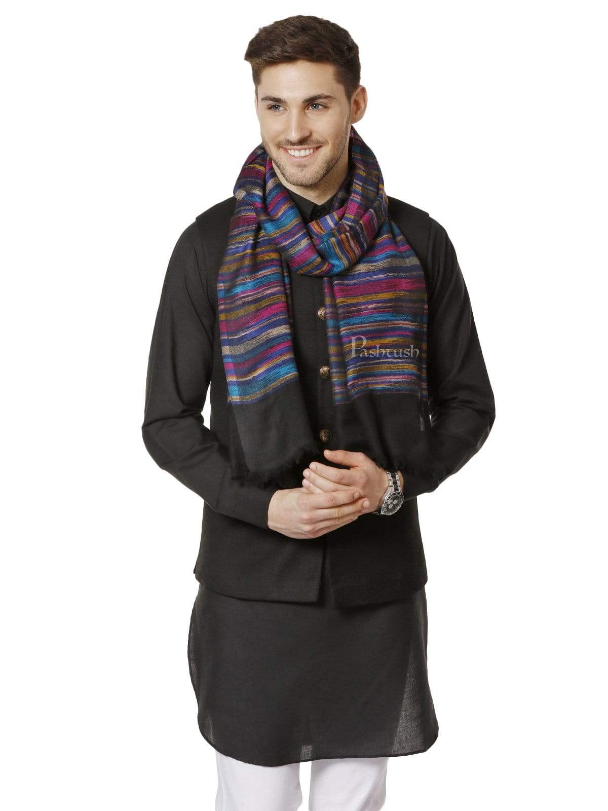 Pashtush Mens Pure Wool Multicolour Striped Stole, With Woolmark Certificate - Image 3