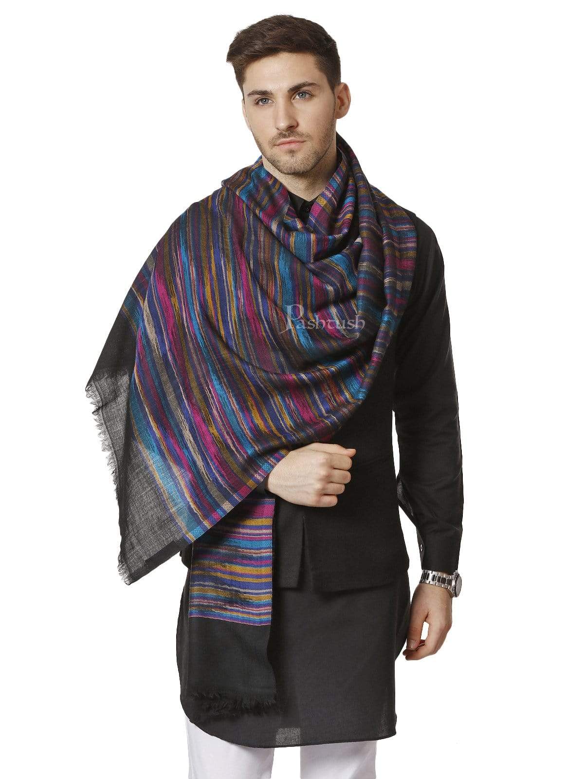 Pashtush Mens Pure Wool Multicolour Striped Stole, With Woolmark Certificate - Image 5