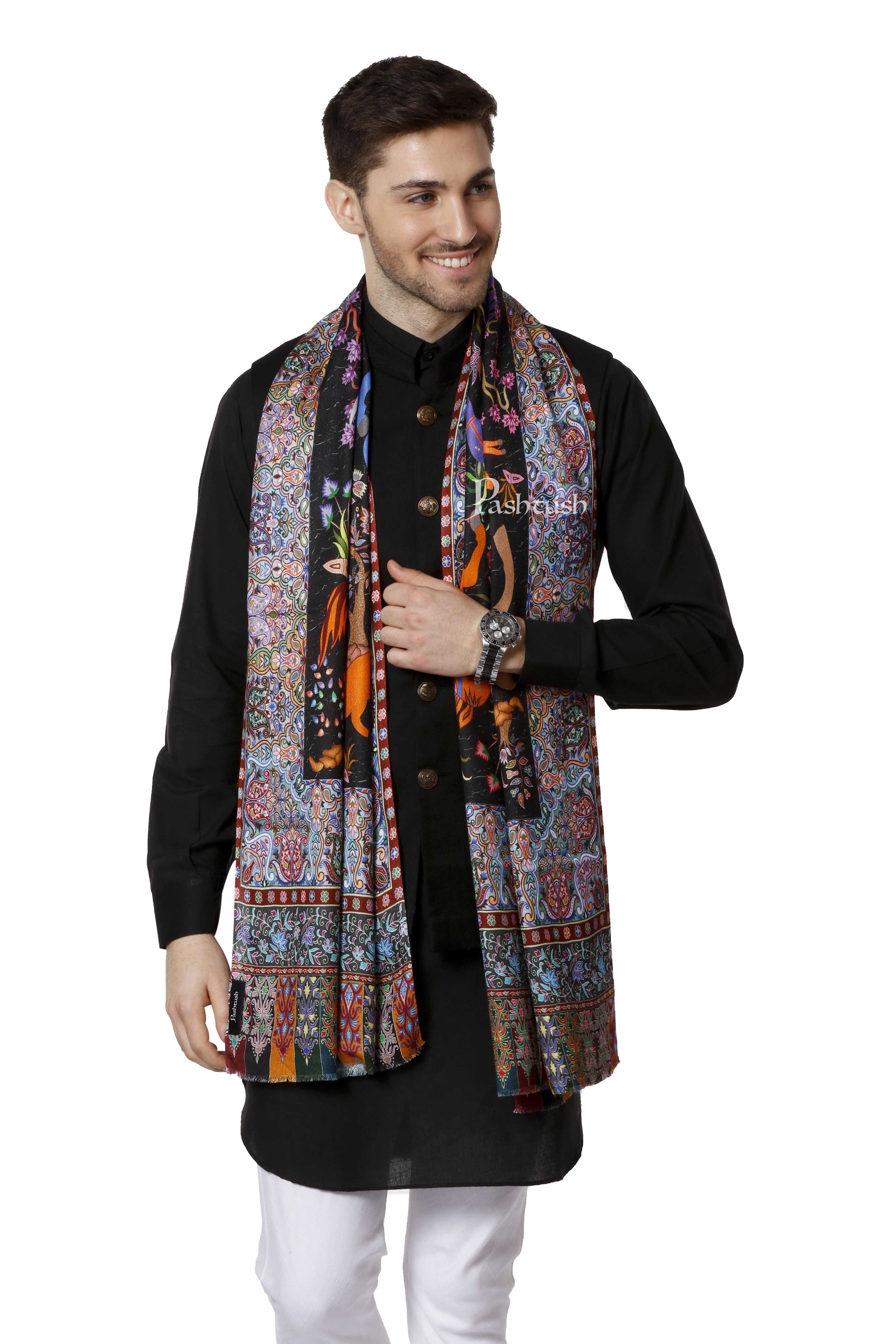 Pashtush Mens Fine Soft Bamboo Stole, Shikaardar Design - Black - Image 3