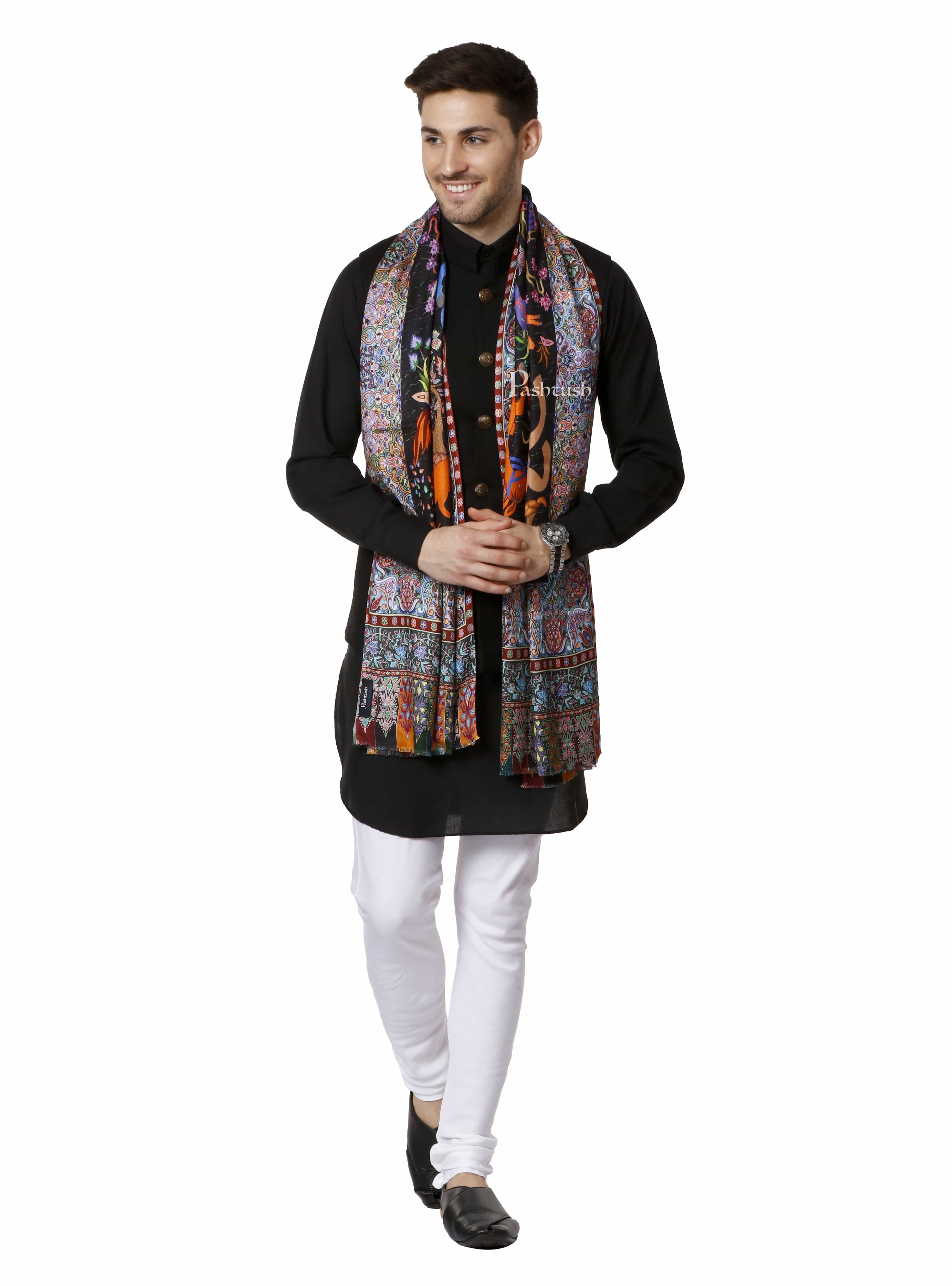 Pashtush Mens Fine Soft Bamboo Stole, Shikaardar Design - Black - Image 4