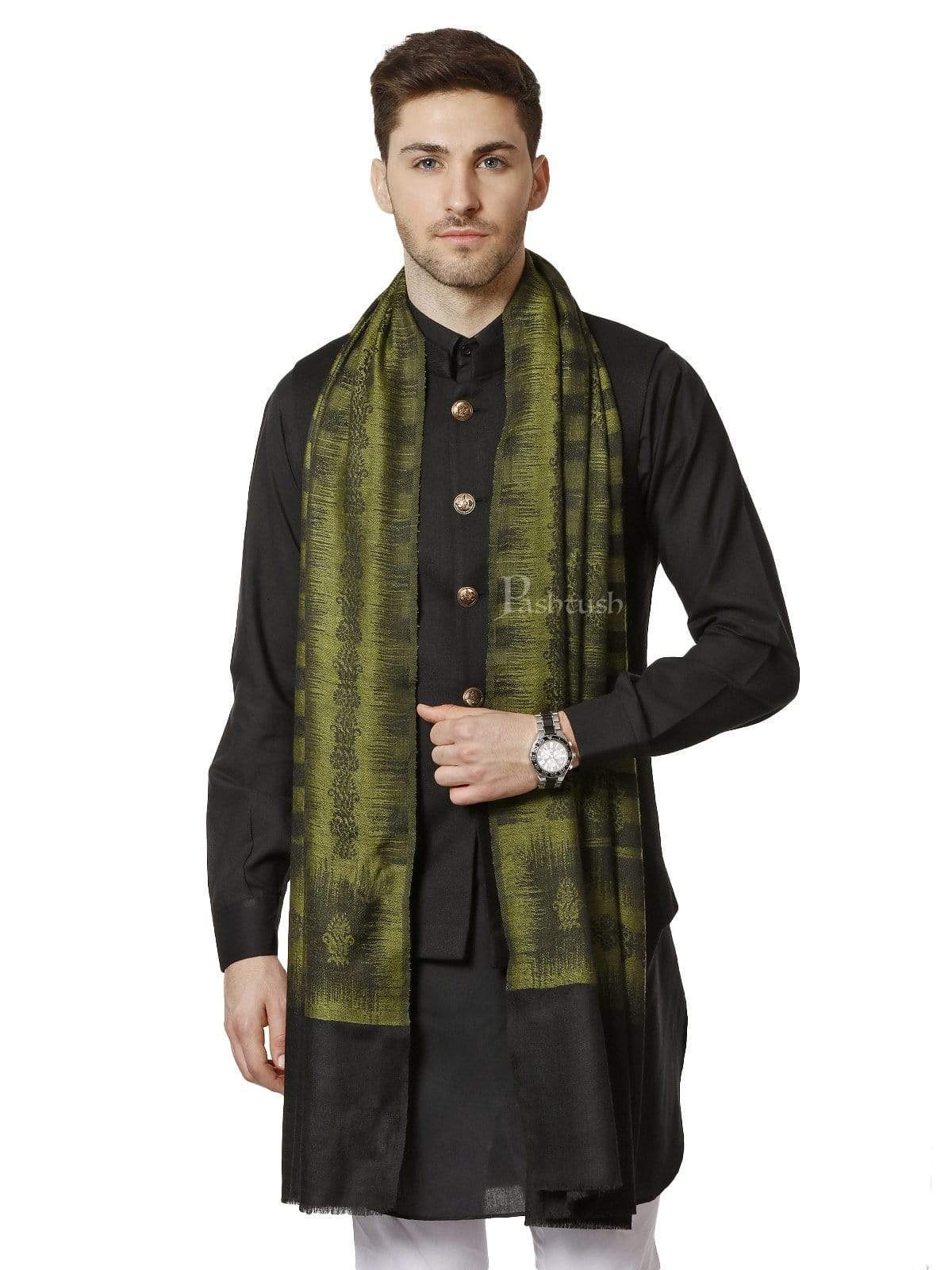 Pashtush Mens Fine Wool Ikkat Design, Stole, Emerald Green - Image 4