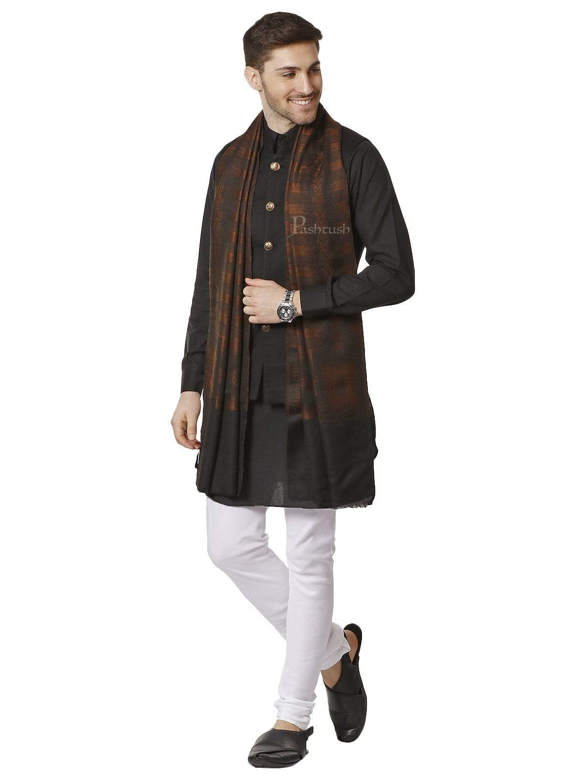 Pashtush Mens Fine Wool Ikkat Design, Stole, Espresso Brown - Image 2
