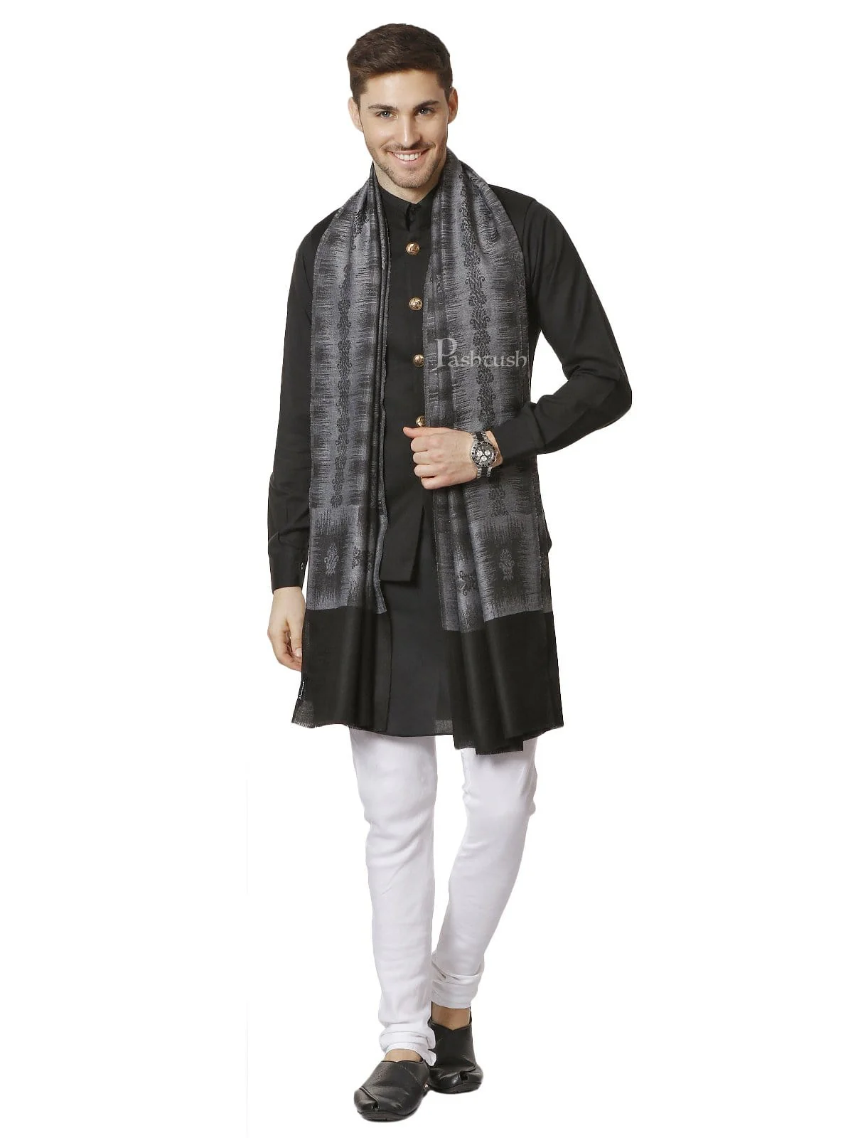 Pashtush Mens Fine Wool Ikkat Design, Stole, Black And Grey - Image 2
