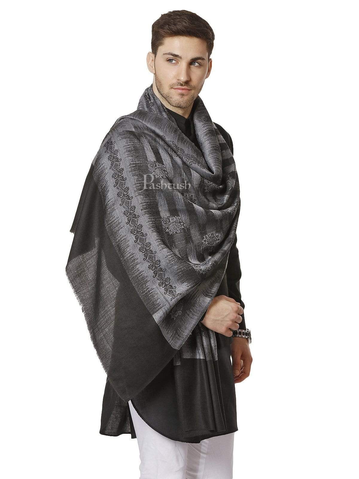 Pashtush Mens Fine Wool Ikkat Design, Stole, Black And Grey - Image 4