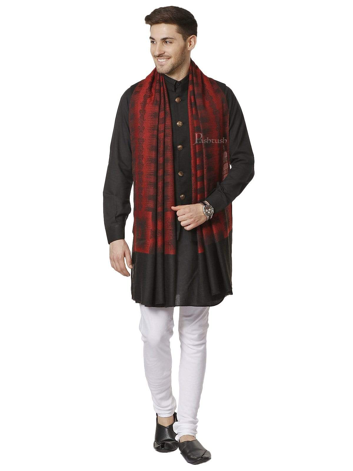 Pashtush Mens Fine Wool Stole, Ikkat Design, Maroon And Black - Image 3