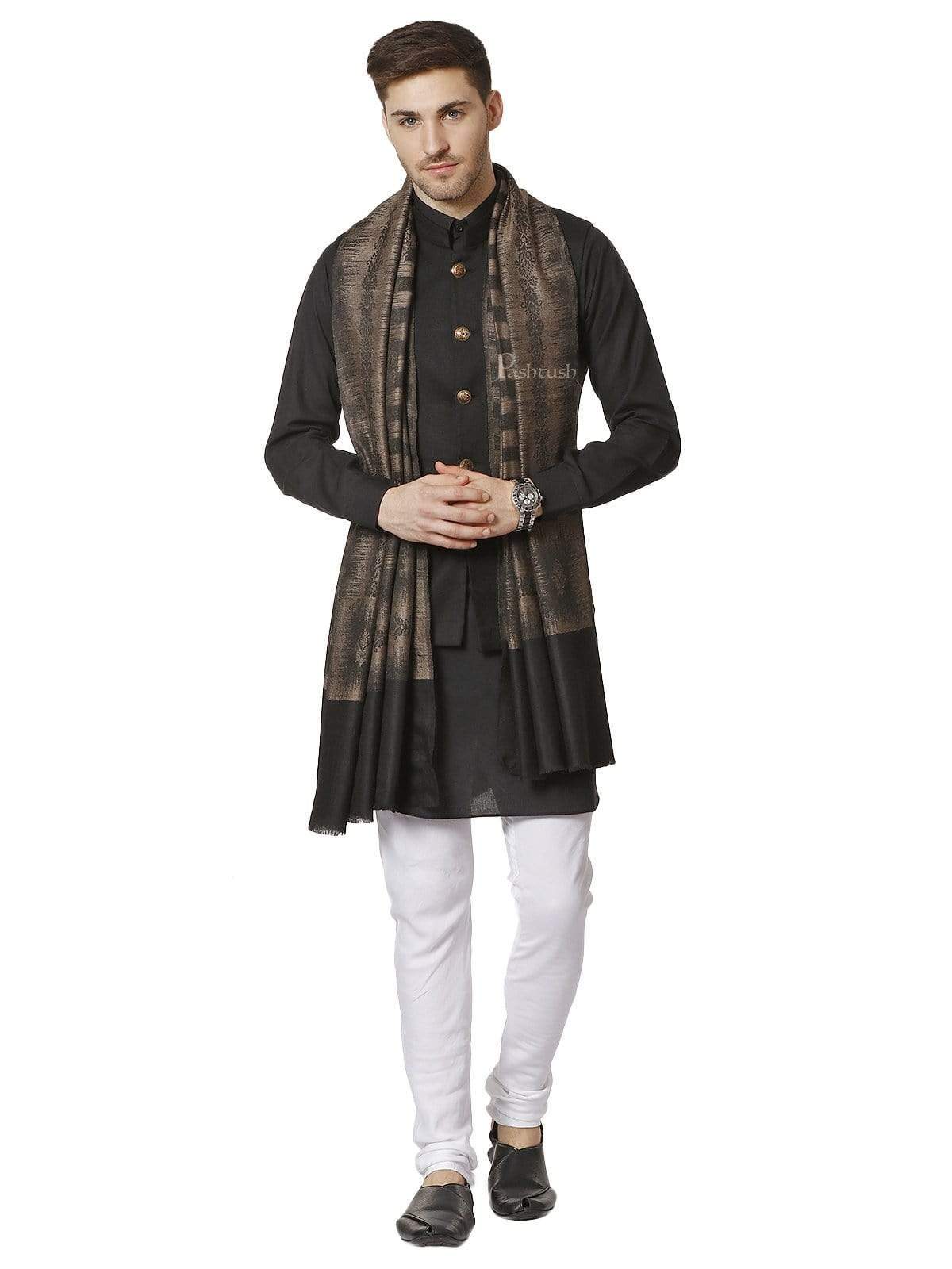 Pashtush Mens Fine Wool Stole, Ikkat Design, Taupe And Black - Image 2