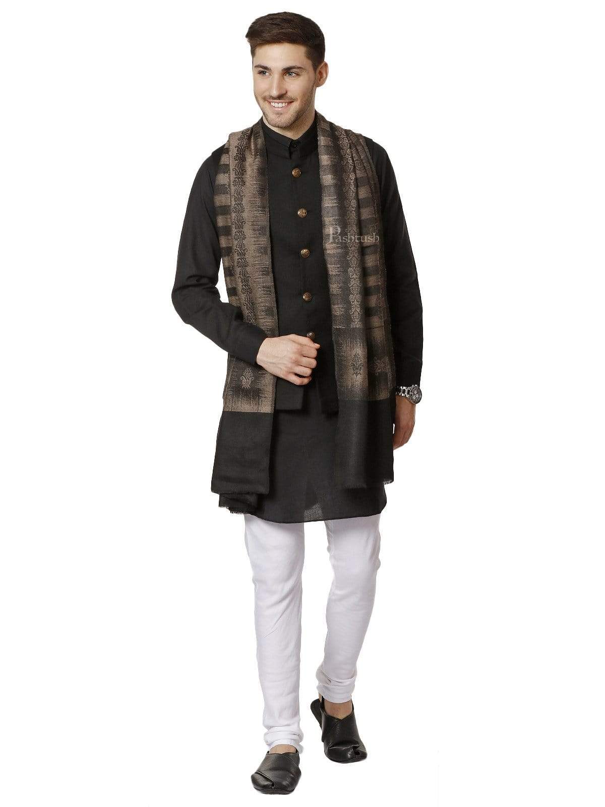 Pashtush Mens Fine Wool Stole, Ikkat Design, Taupe And Black - Image 3