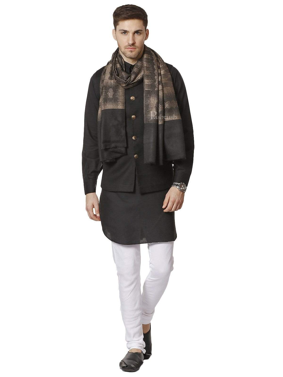 Pashtush Mens Fine Wool Stole, Ikkat Design, Taupe And Black - Image 5