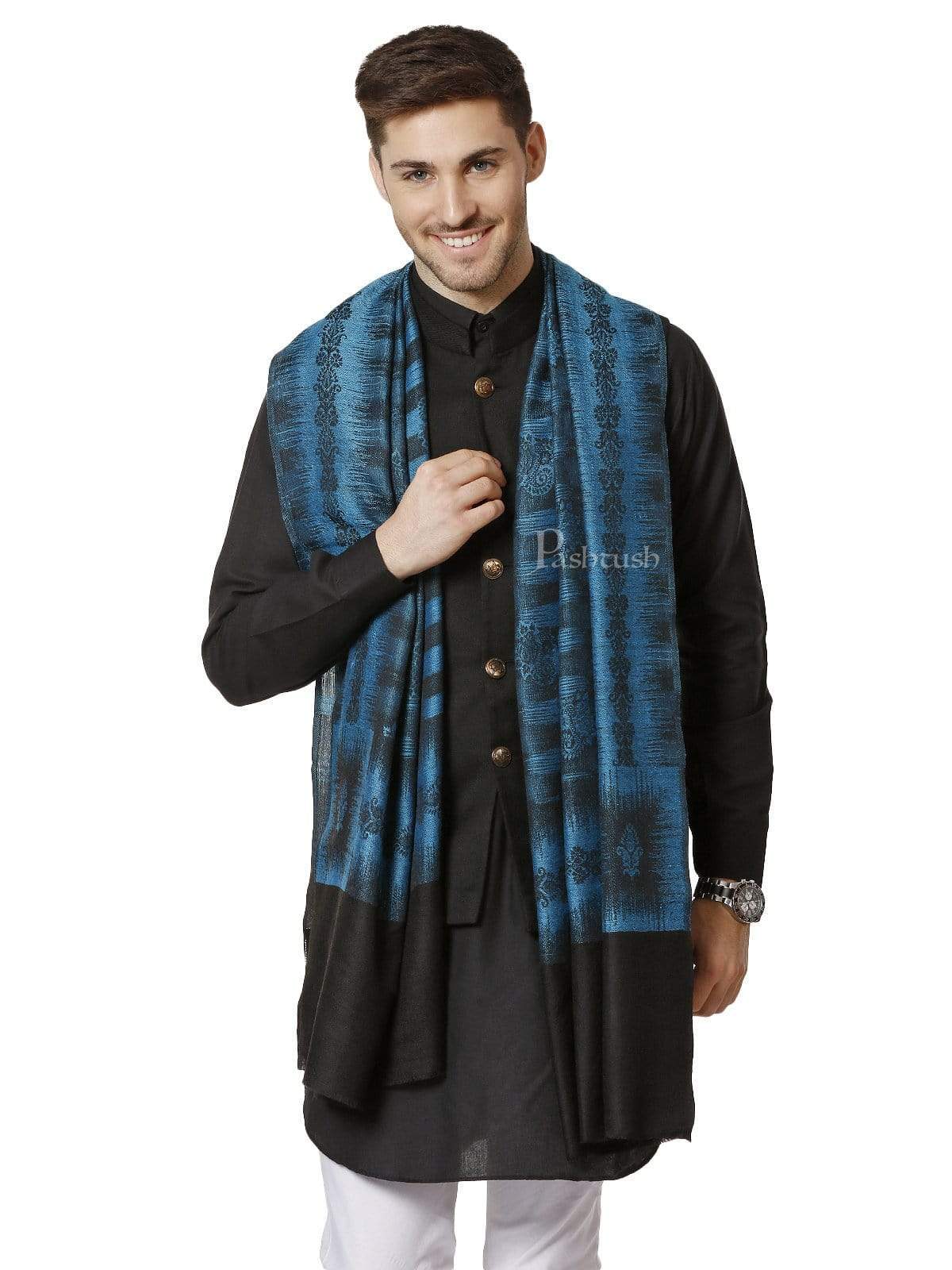 Pashtush Mens Fine Wool Stole, Ikkat Design, Pacific Blue - Image 3