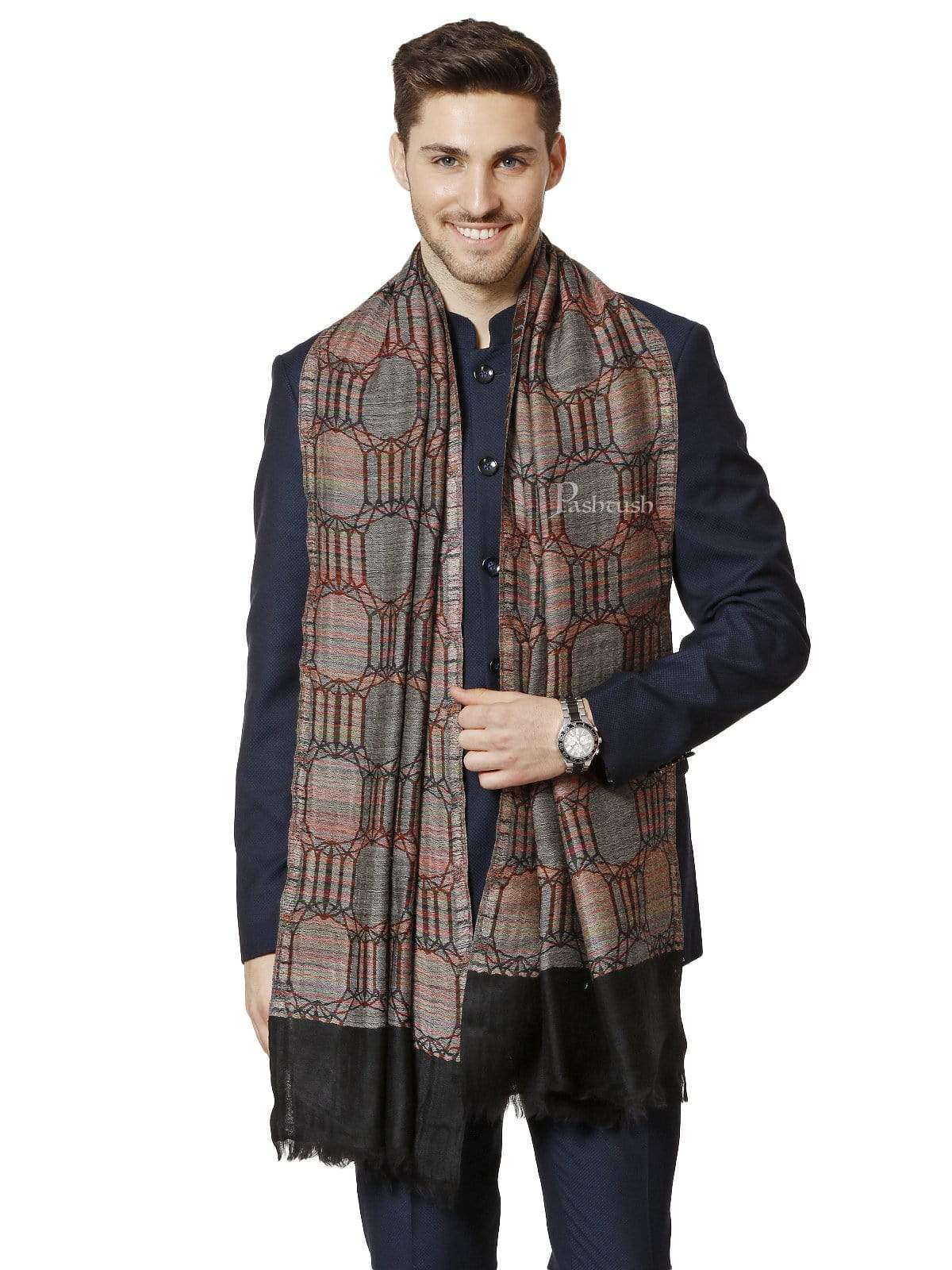 Pashtush Mens Pure Wool, Honeycomb Weave Stole, With Woolmark Certificate - Image 4