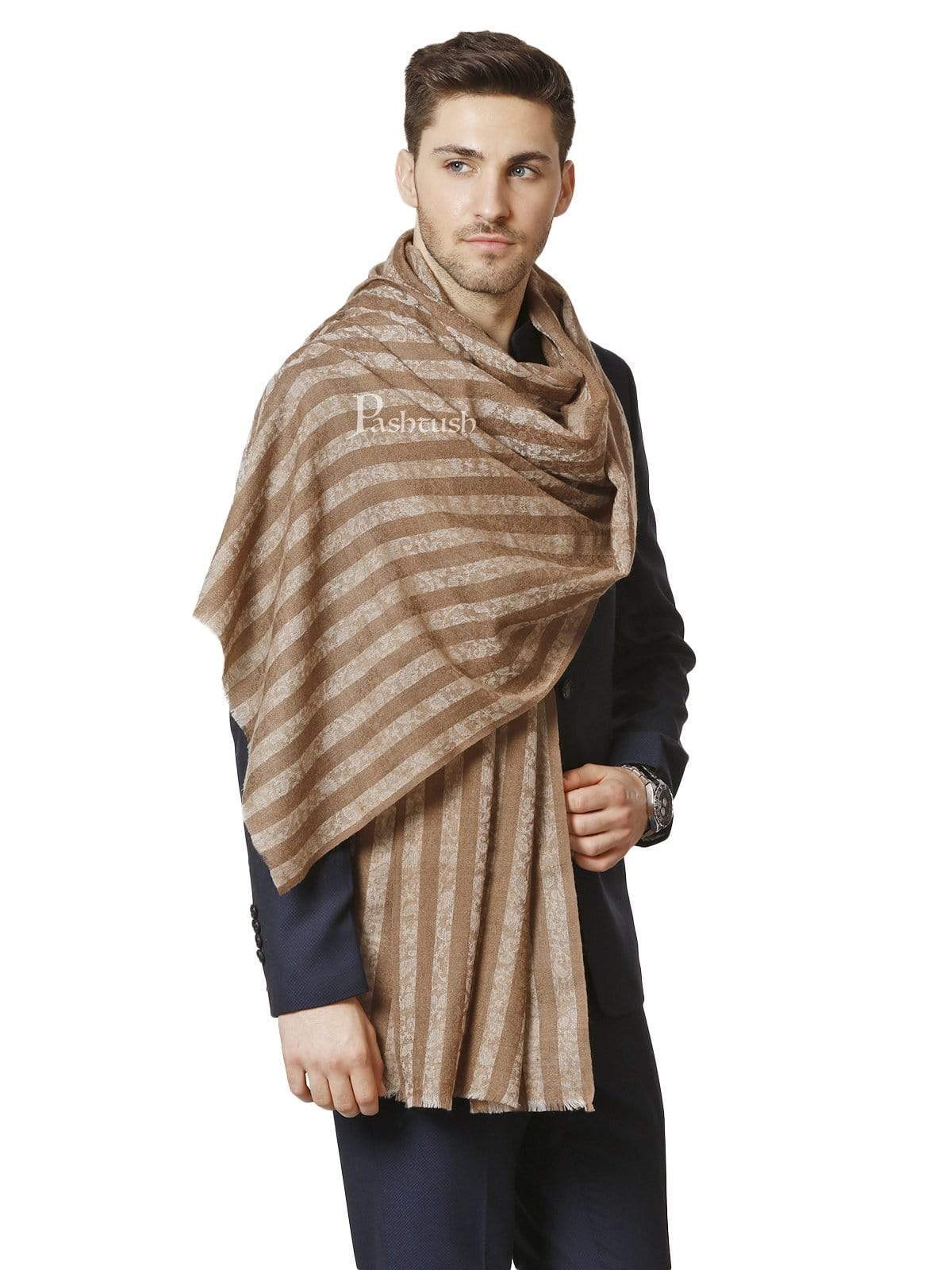 Pashtush Mens Fine Wool Stole, With Self Weave, Bruges Brown - Image 5