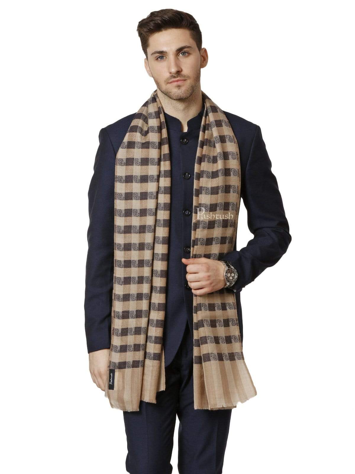 Pashtush Mens Fine Wool Checkered Stole, Black And Beige - Image 2