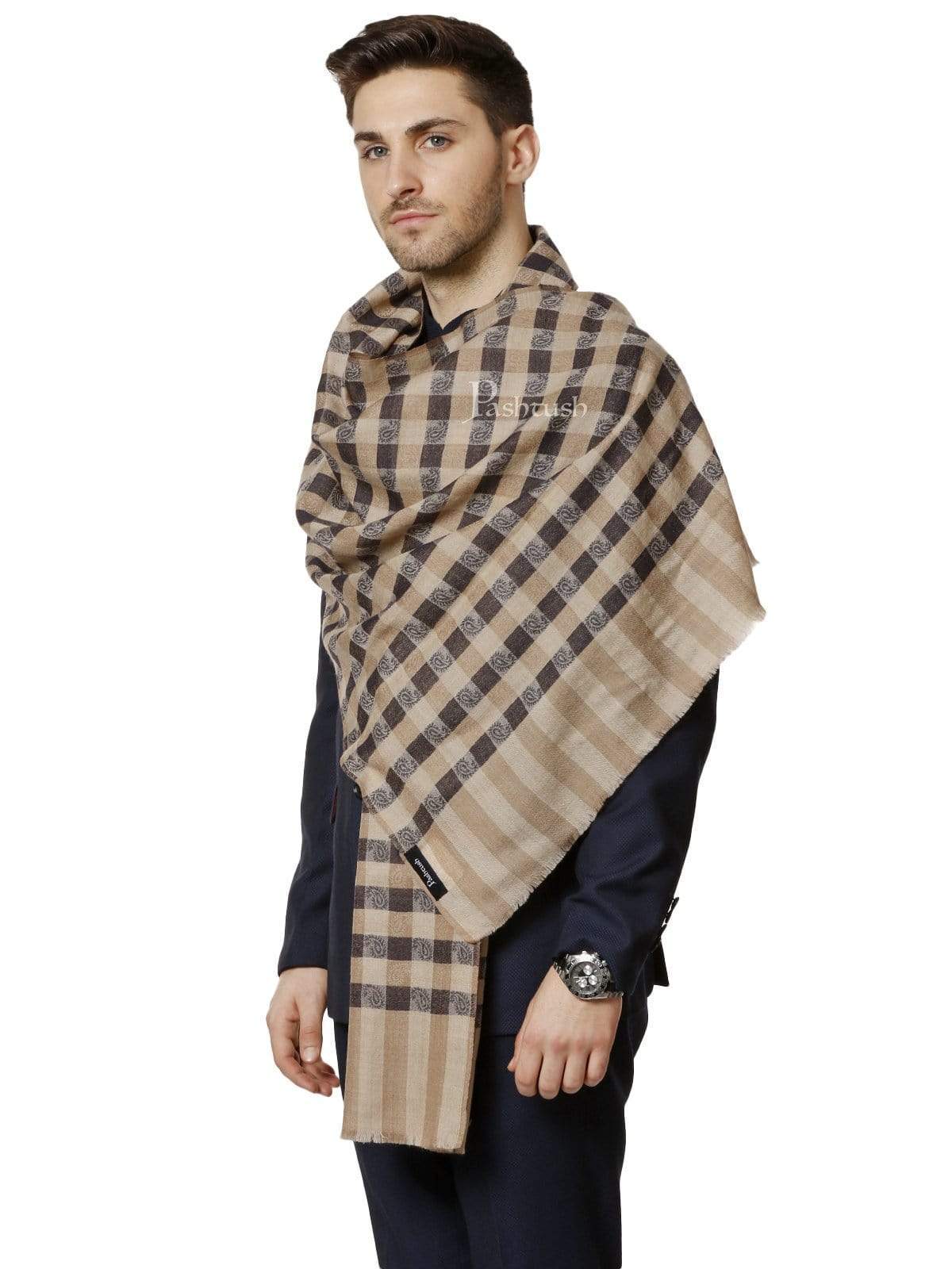 Pashtush Mens Fine Wool Checkered Stole, Black And Beige - Image 3