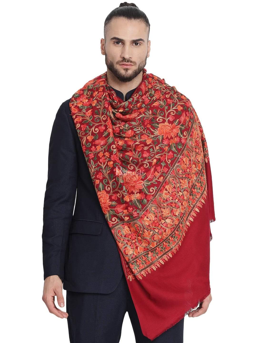 Pashtush Mens Stole, Aari Embroidery, Maroon