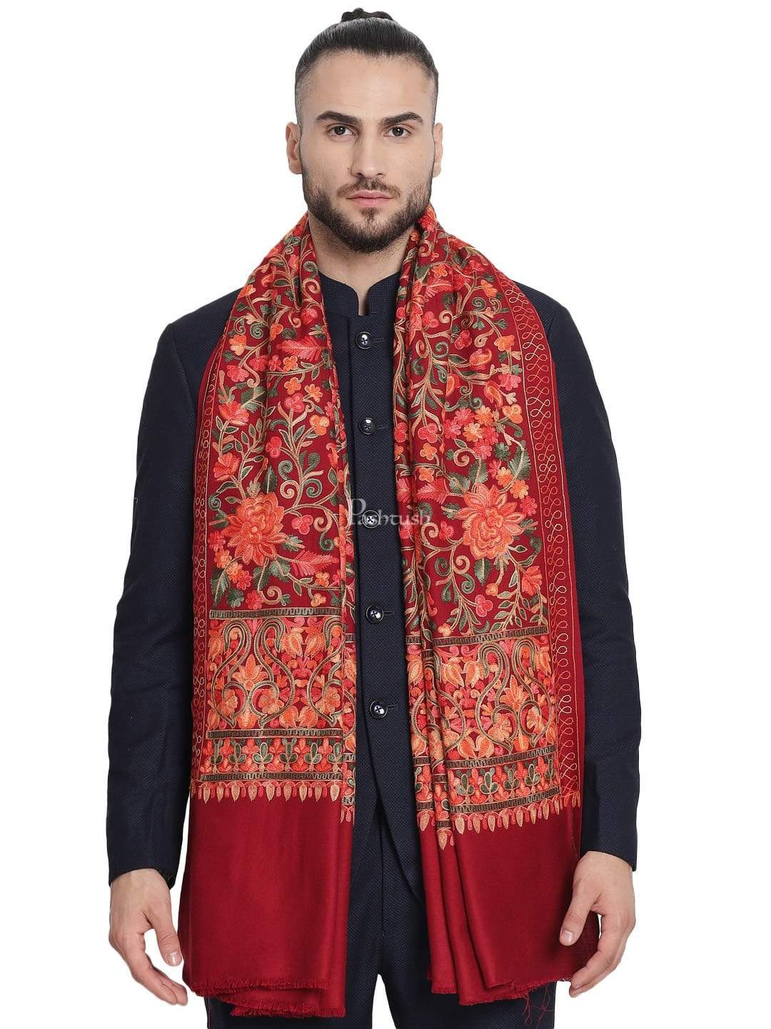 Pashtush Mens Stole, Aari Embroidery, Maroon - Image 3