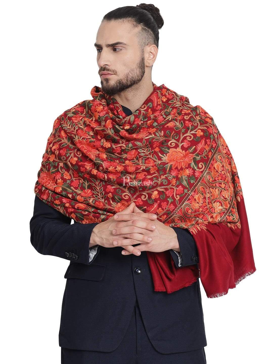 Pashtush Mens Stole, Aari Embroidery, Maroon - Image 4