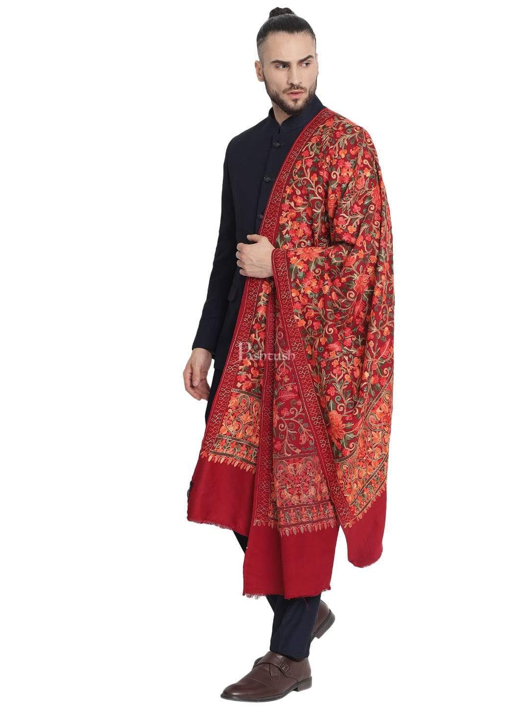 Pashtush Mens Stole, Aari Embroidery, Maroon - Image 5