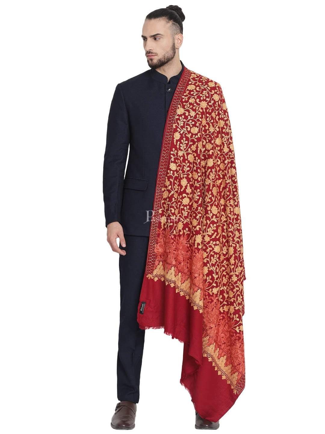 Pashtush Mens Stole, Aari Embroidery, Maroon - Image 5