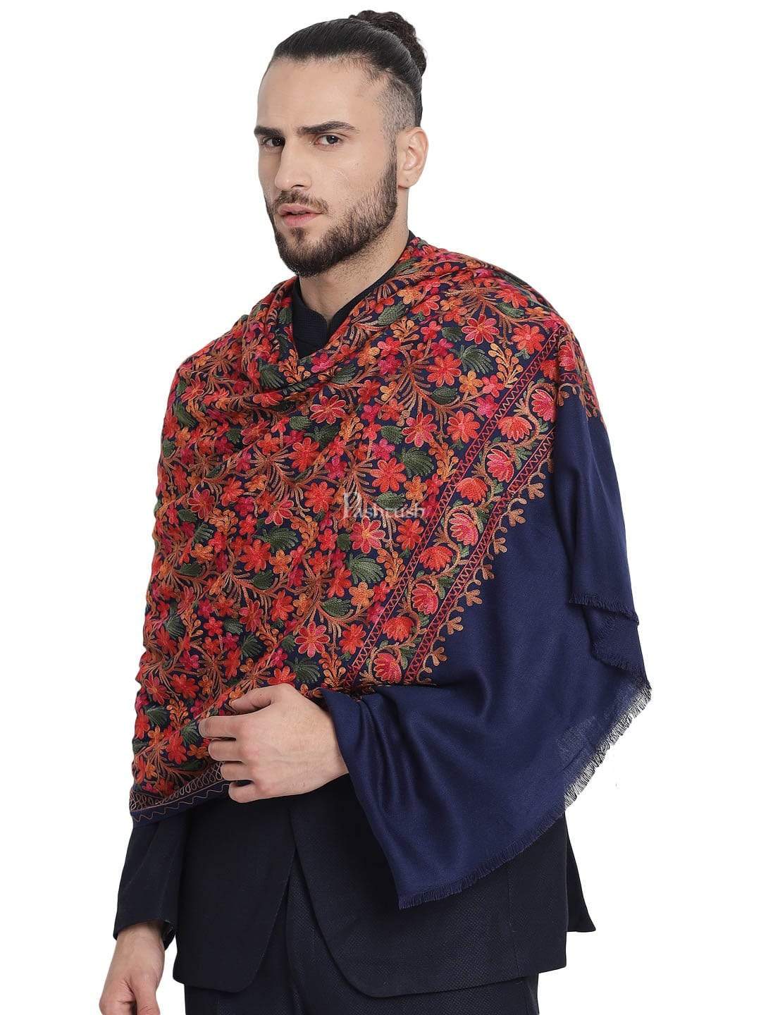 Pashtush Mens Stole, Aari Embroidery, Navy