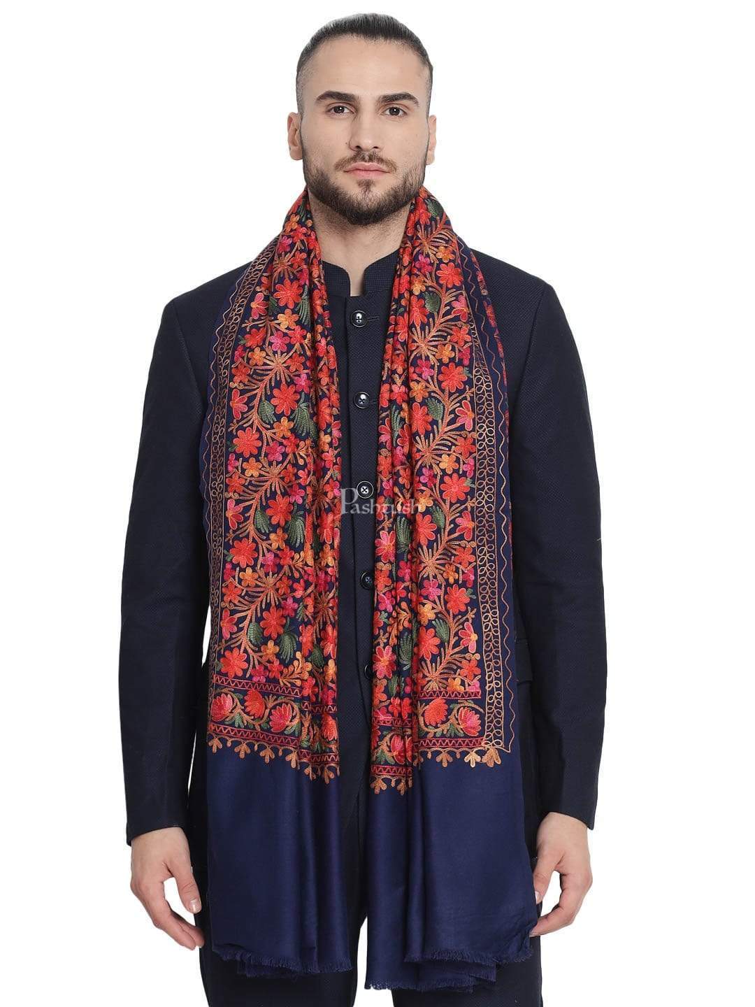 Pashtush Mens Stole, Aari Embroidery, Navy - Image 4