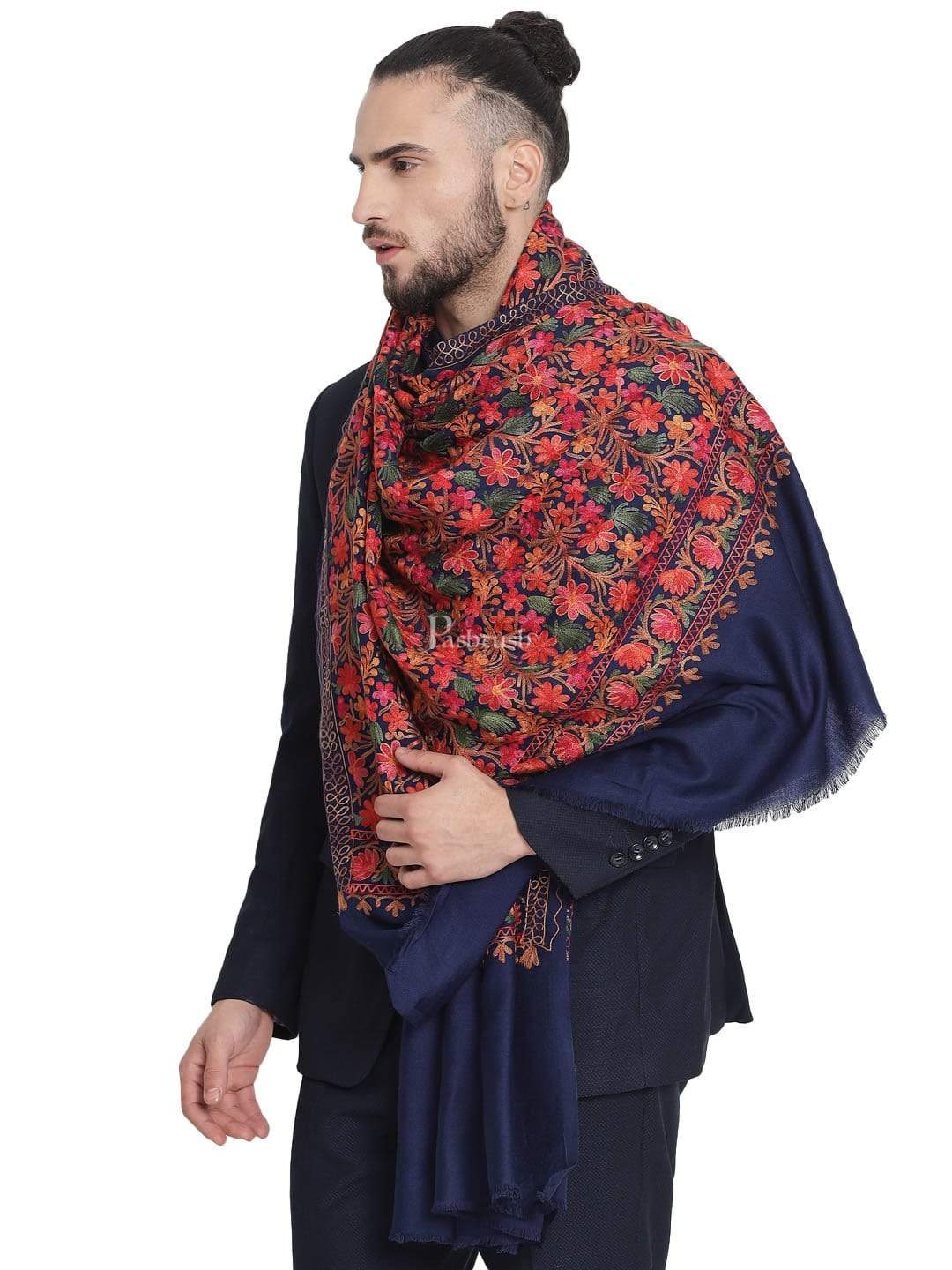 Pashtush Mens Stole, Aari Embroidery, Navy - Image 5