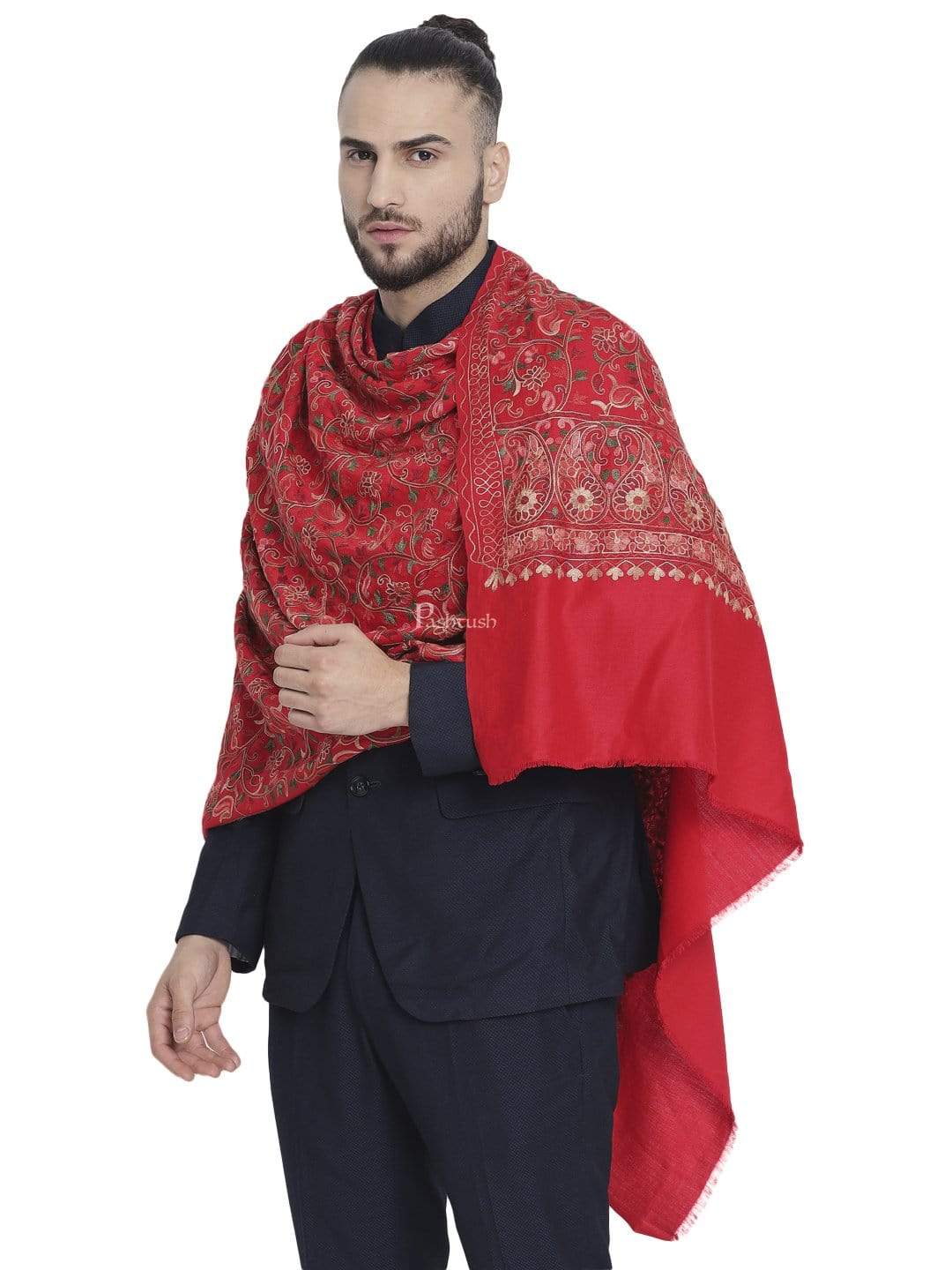 Pashtush Mens Stole, Aari Embroidery, Red - Image 3