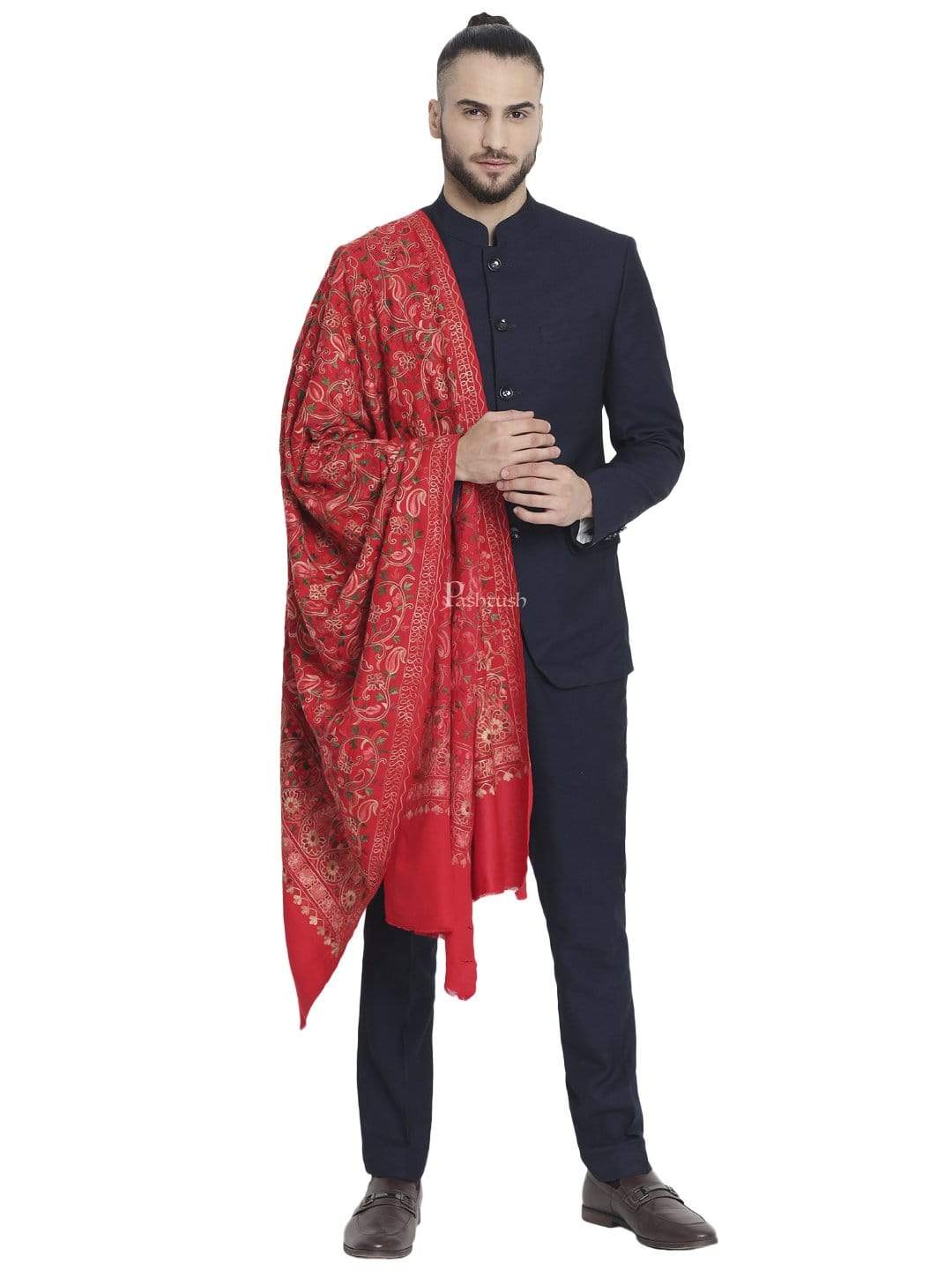 Pashtush Mens Stole, Aari Embroidery, Red - Image 4