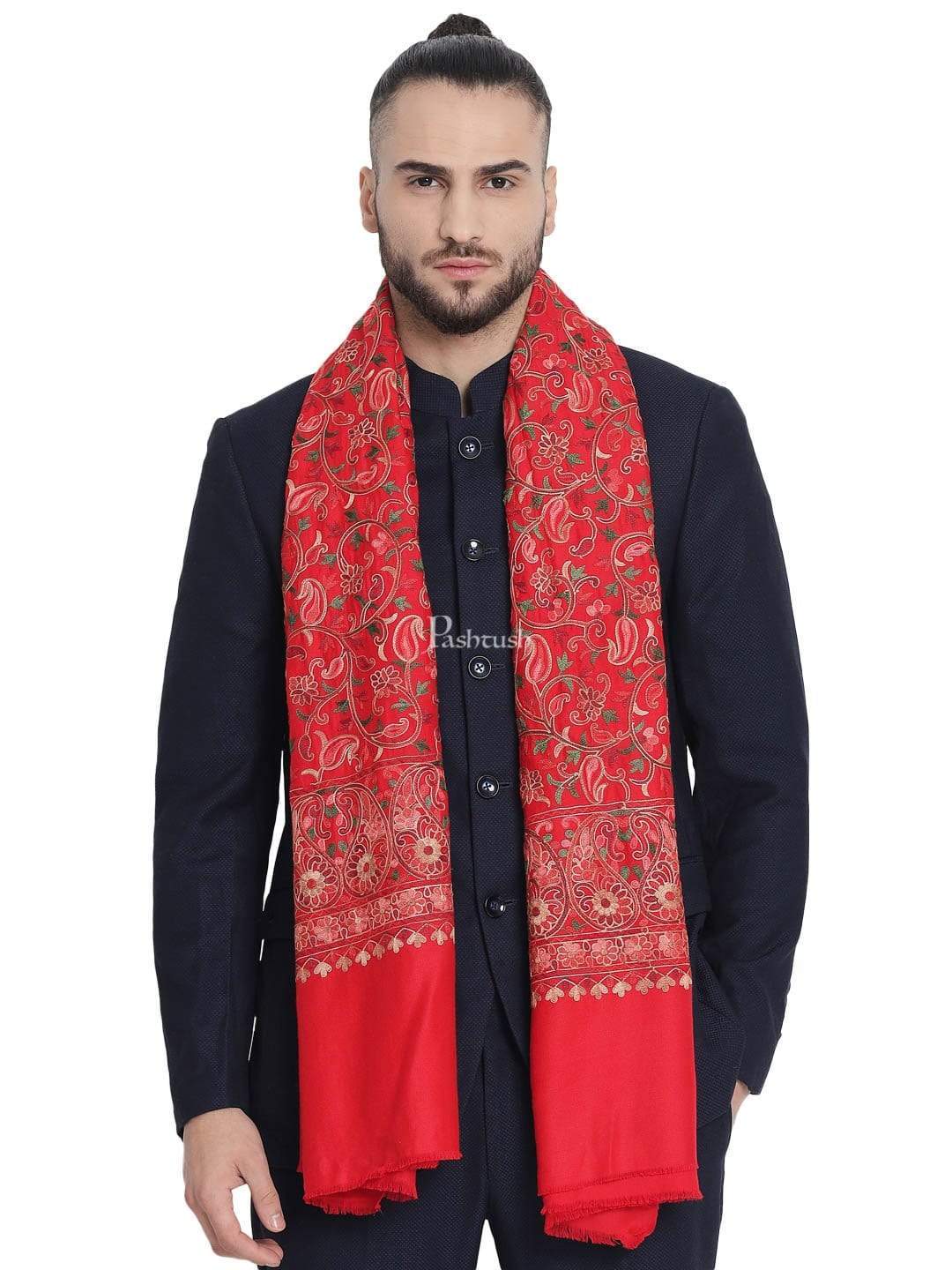 Pashtush Mens Stole, Aari Embroidery, Red - Image 6