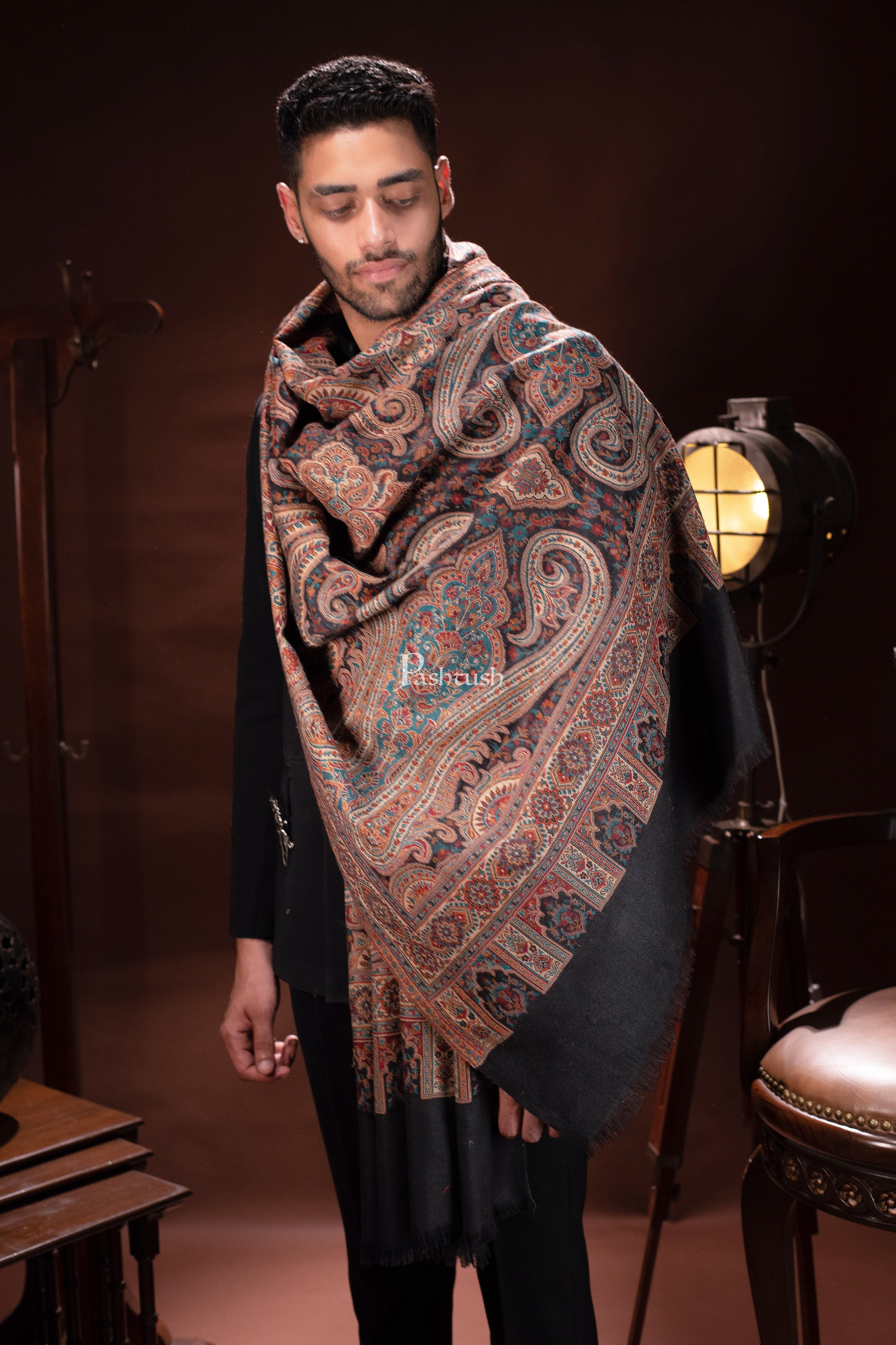 Pashtush Mens Stole, Faux Pashmina, Woven Antique Heritage Design, Jamawar, Black