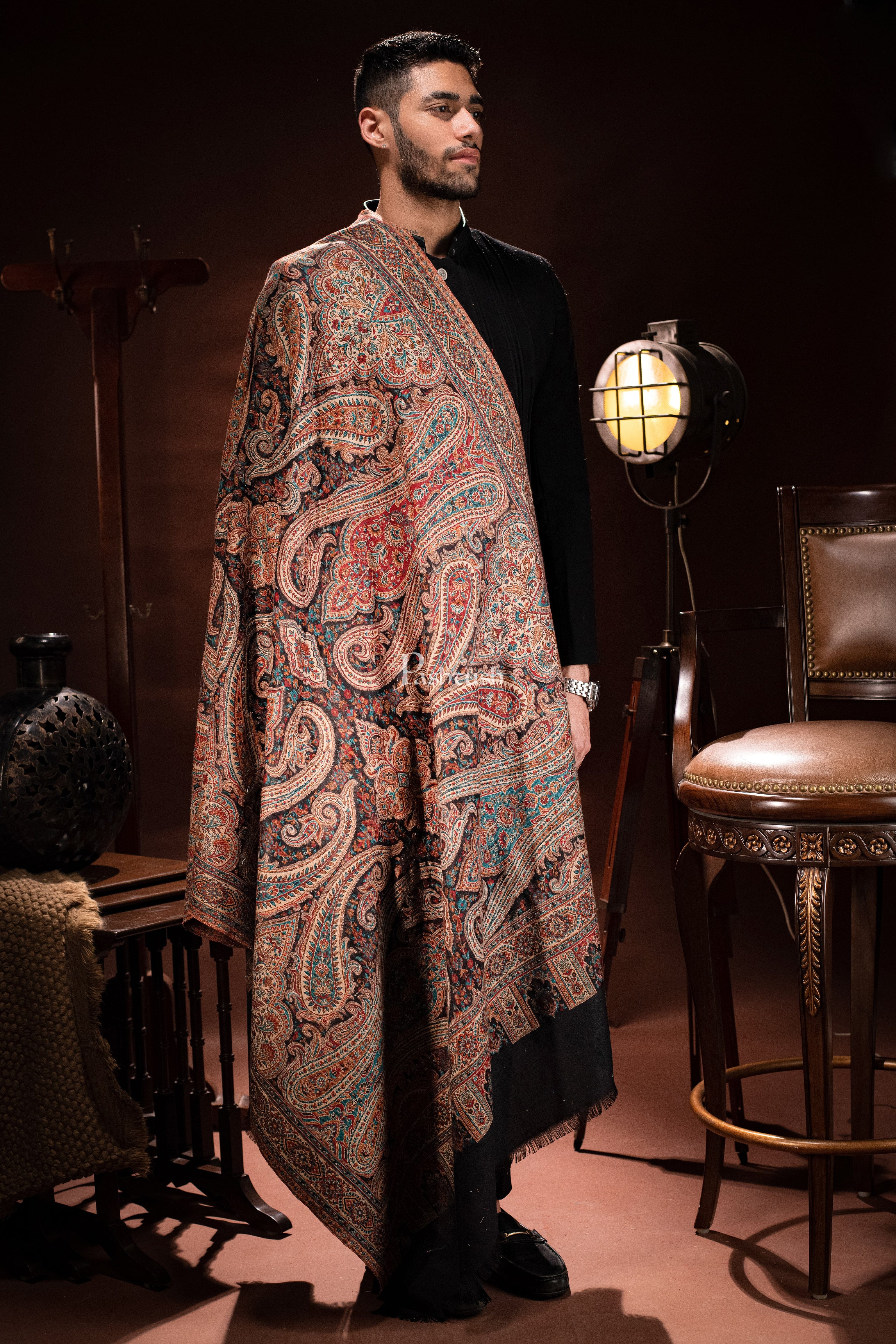 Pashtush Mens Stole, Faux Pashmina, Woven Antique Heritage Design, Jamawar, Black - Image 2