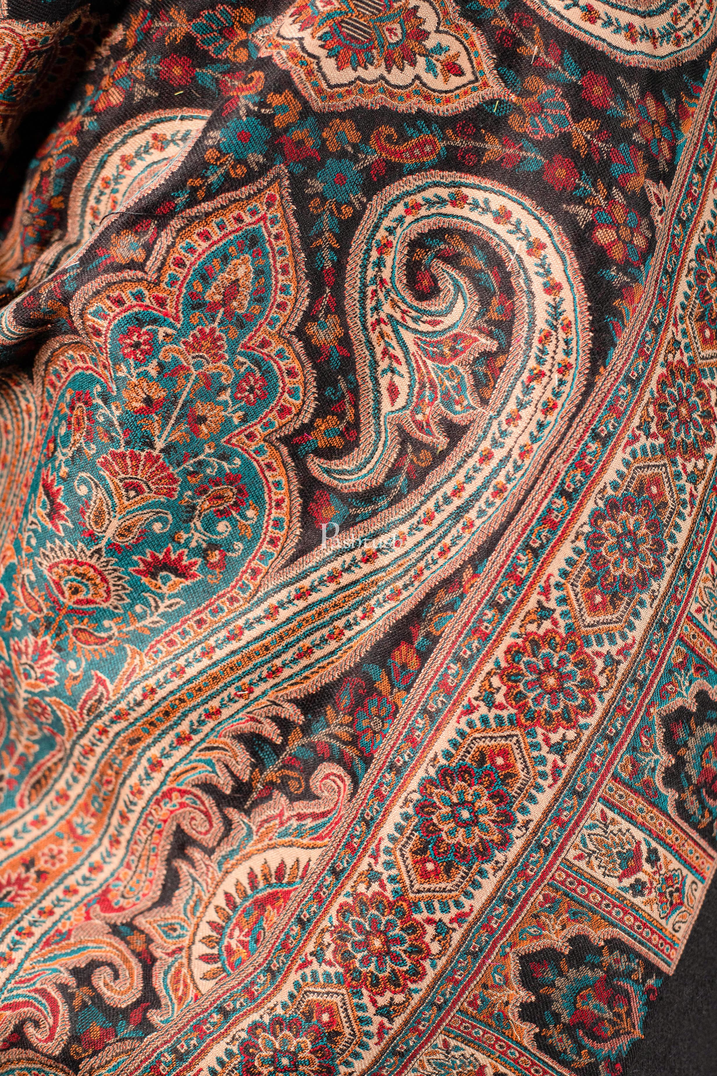 Pashtush Mens Stole, Faux Pashmina, Woven Antique Heritage Design, Jamawar, Black - Image 3