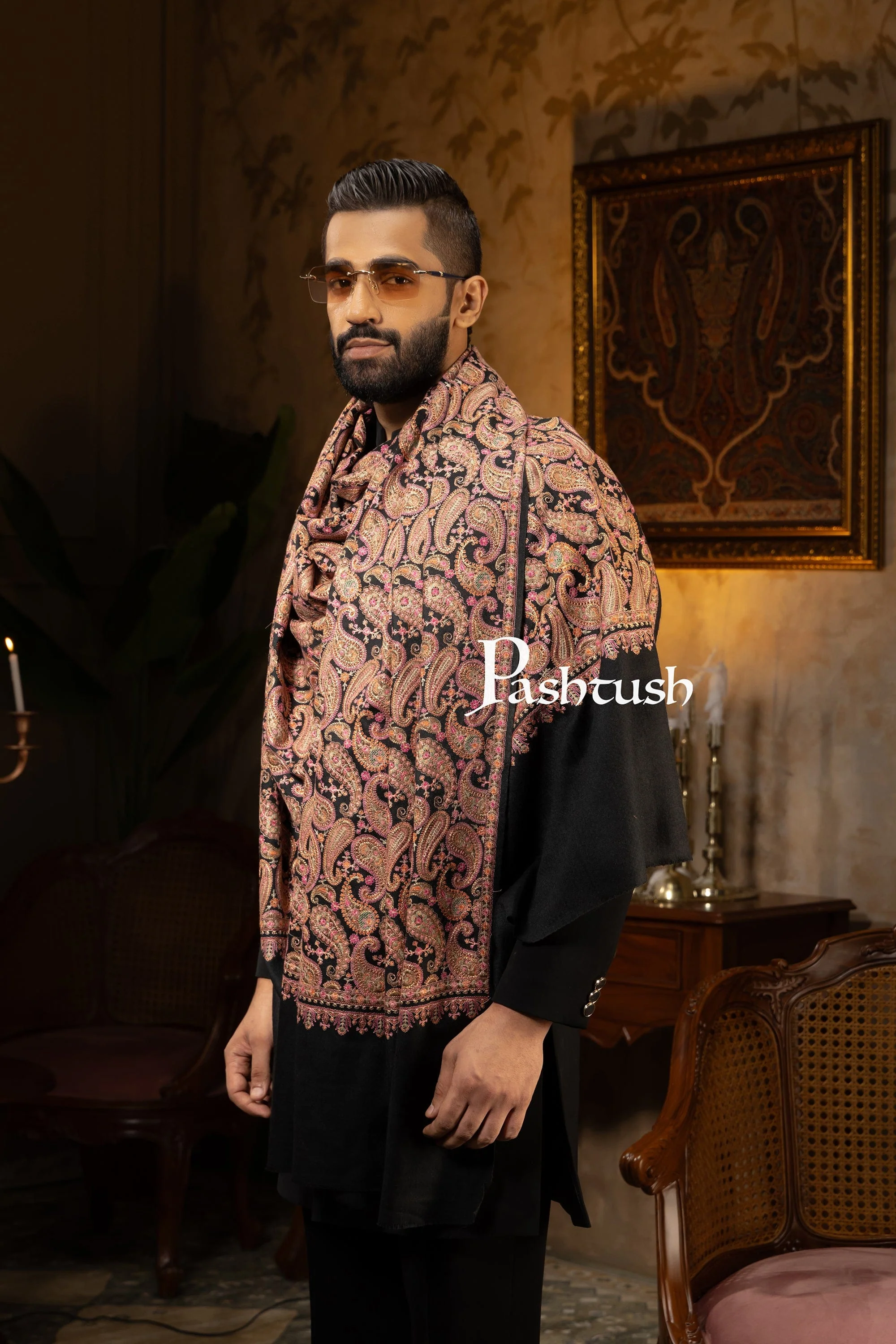 Pashtush Mens Stole, Festive Collection, Fine Wool Kashmiri Embroidery, Rich Black - Image 4