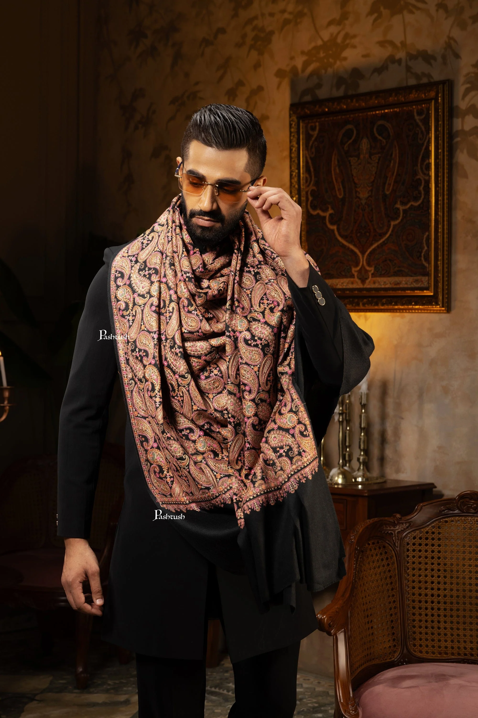 Pashtush Mens Stole, Festive Collection, Fine Wool Kashmiri Embroidery, Rich Black - Image 5
