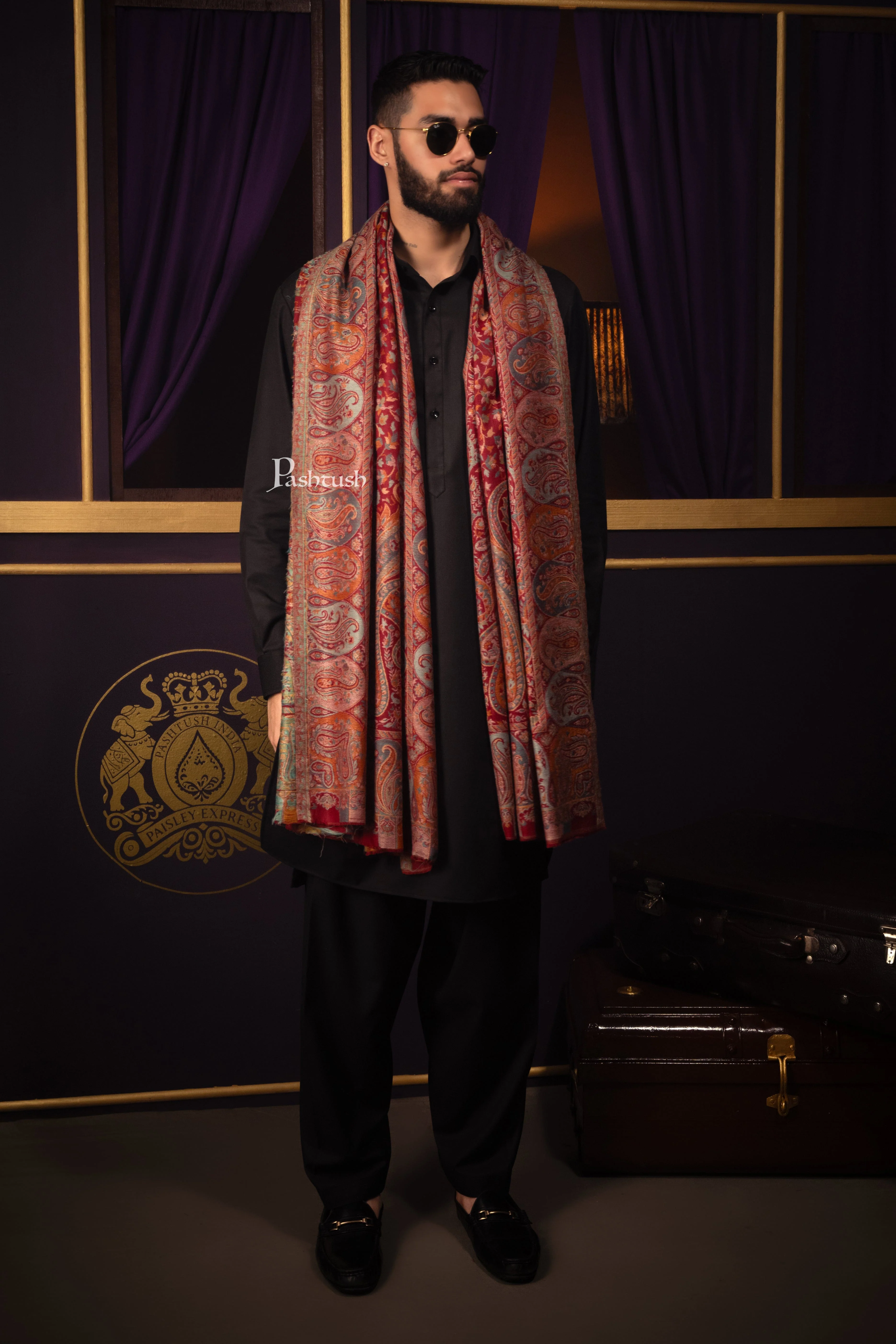 Pashtush Mens Stole, Fine Wool, Ethnic Weave, Pailseys, Maroon - Image 3