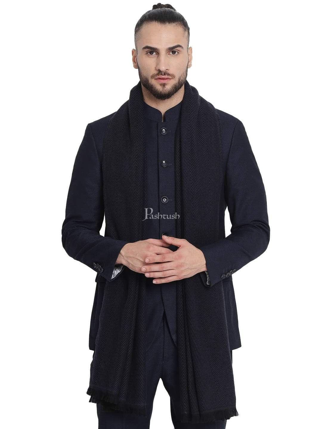 Pashtush Mens Stole, Fine Wool With Paisley Jacquard Weave, Rich Black