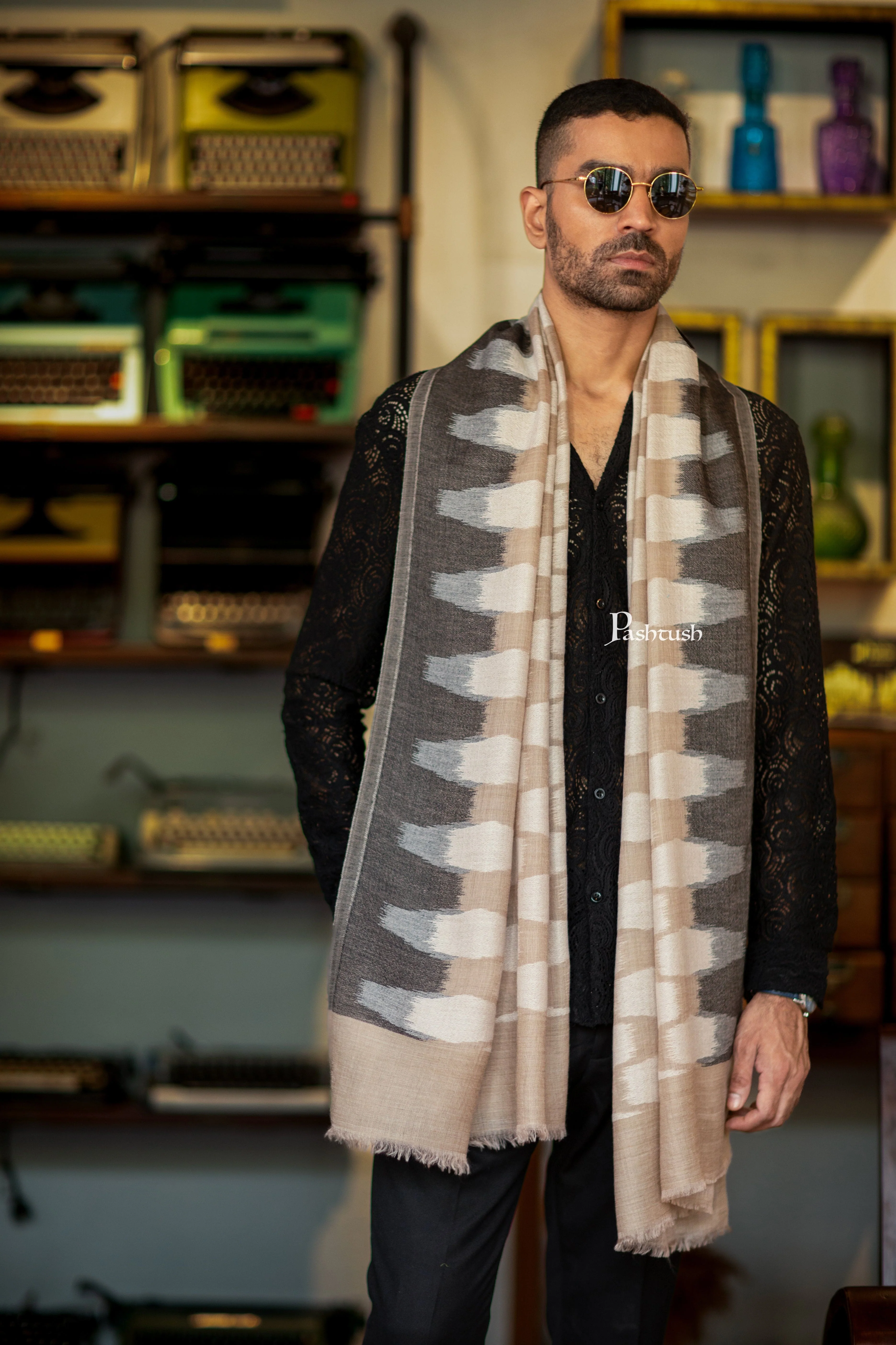 Pashtush Mens Cashmere Stole, Ikkat Design, Beige