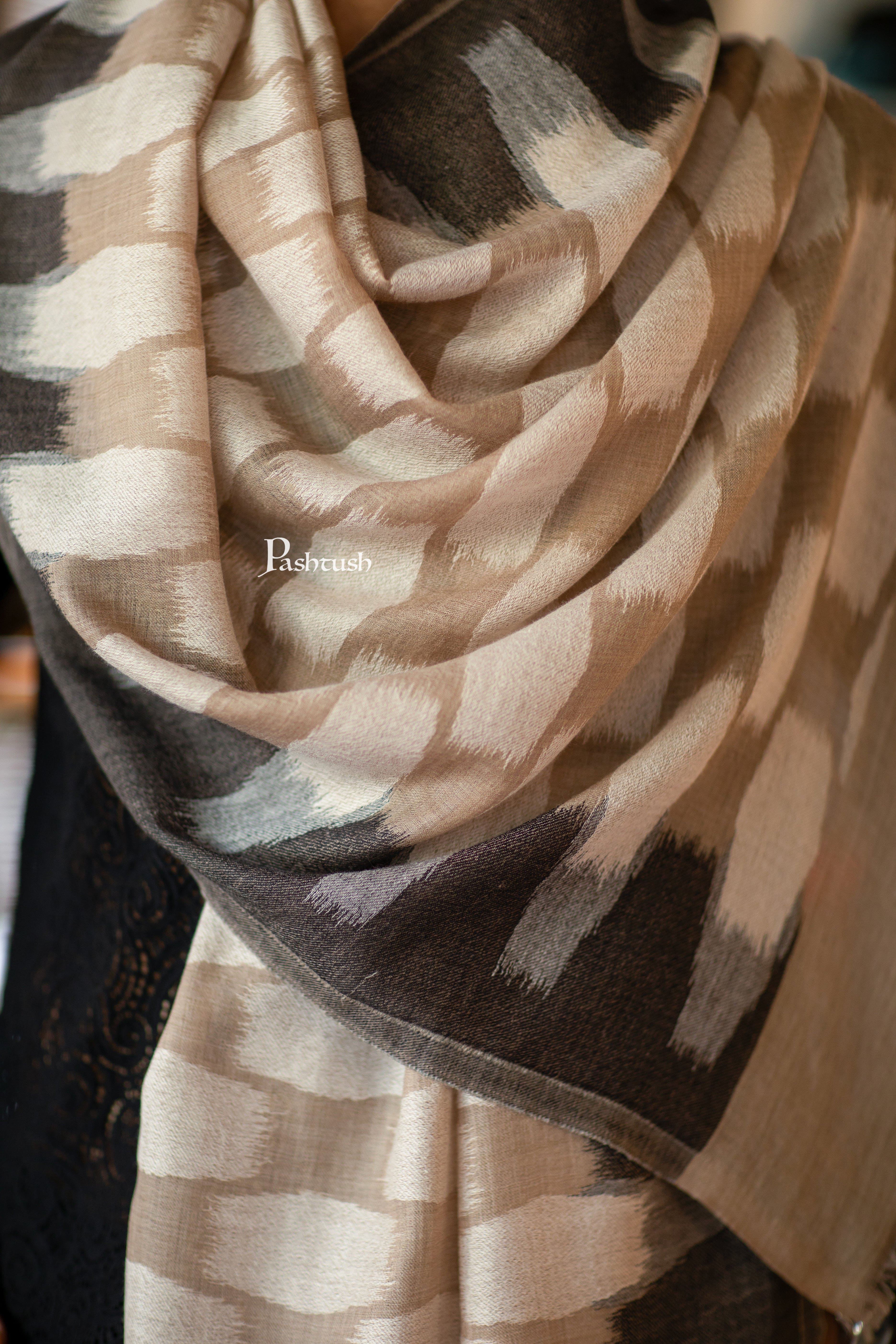 Pashtush Mens Cashmere Stole, Ikkat Design, Beige - Image 2