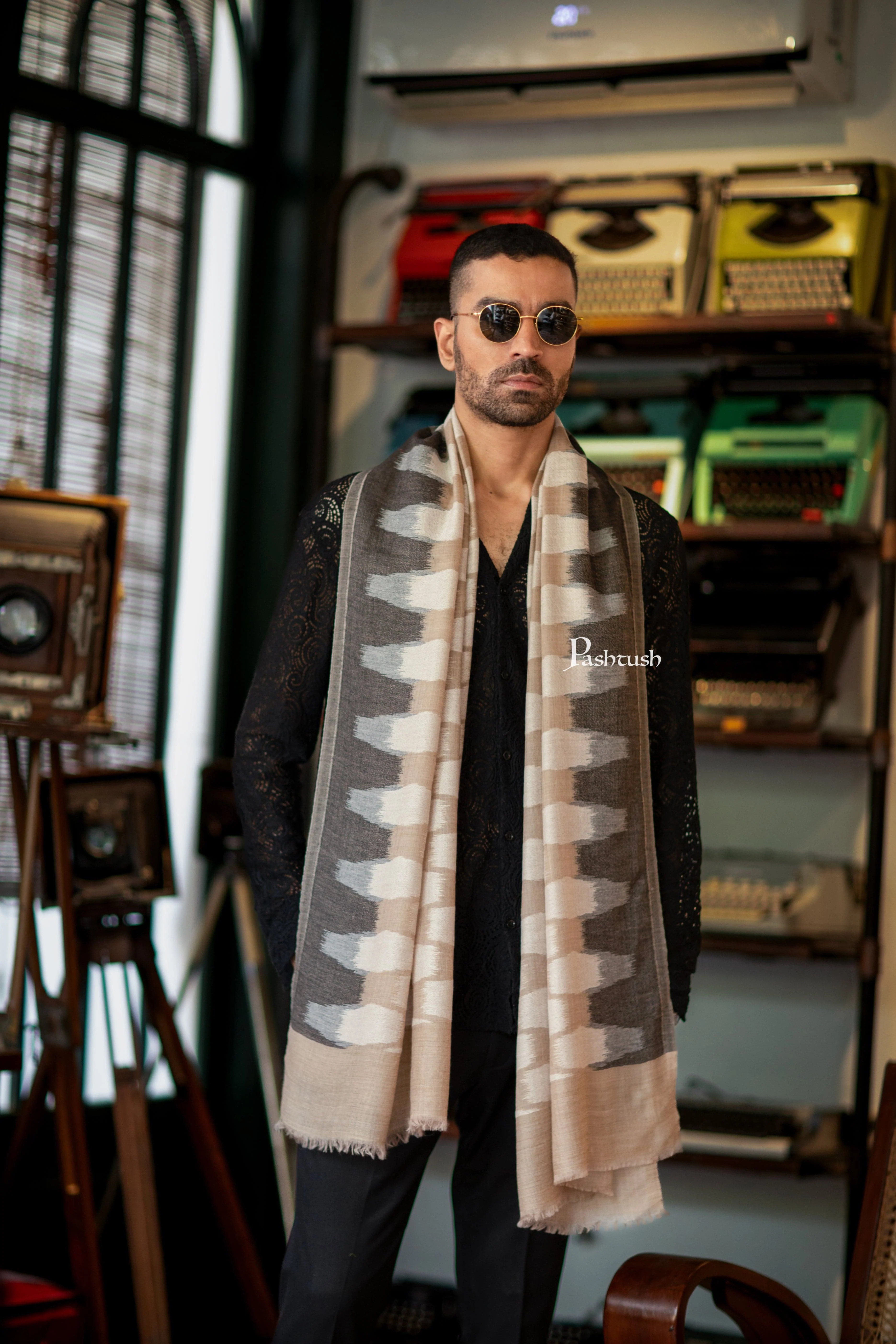 Pashtush Mens Cashmere Stole, Ikkat Design, Beige - Image 4