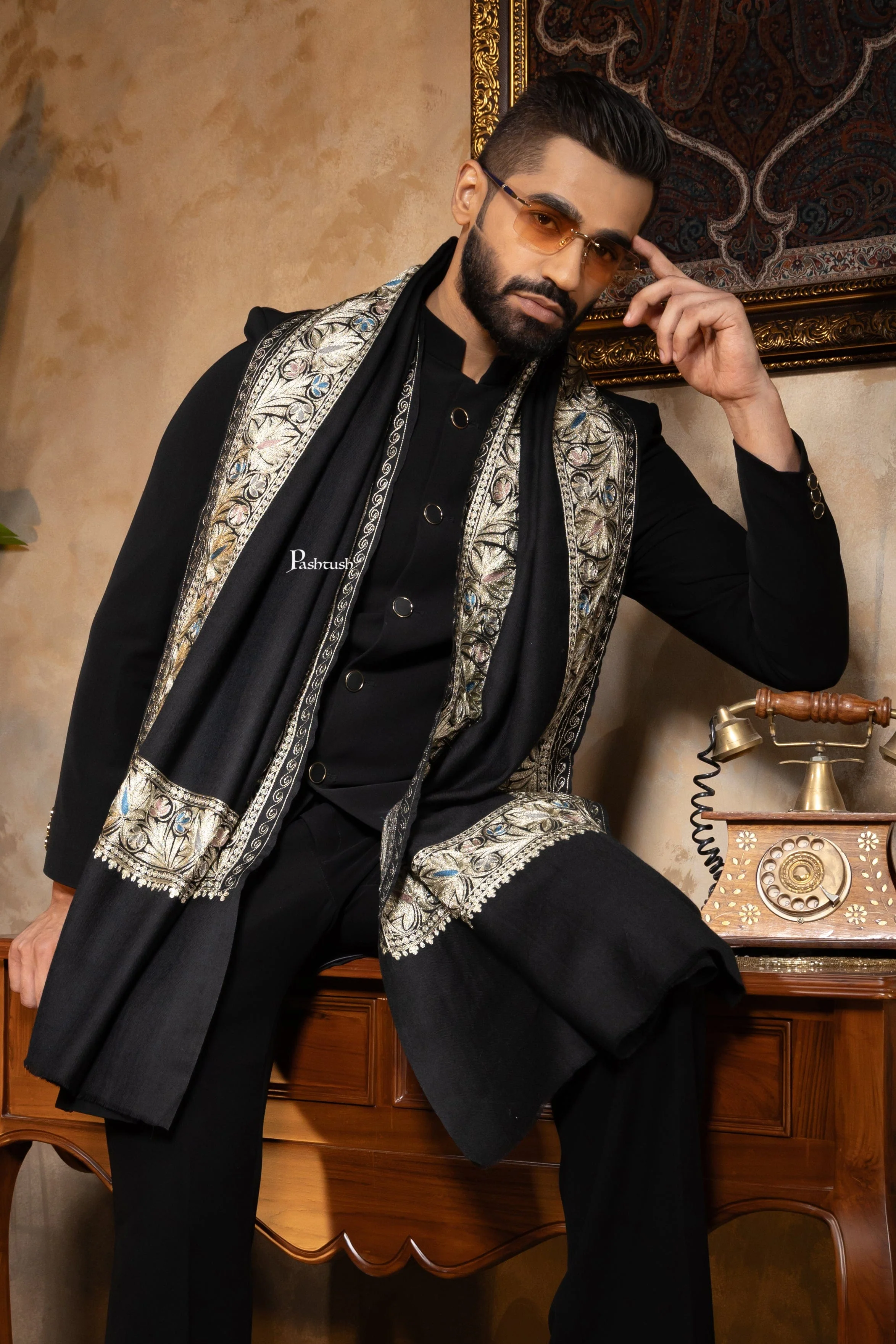 Pashtush Mens Stole, Kashmiri Tilla Embroidery, Border Design, Twilight Collection, Black - Image 2